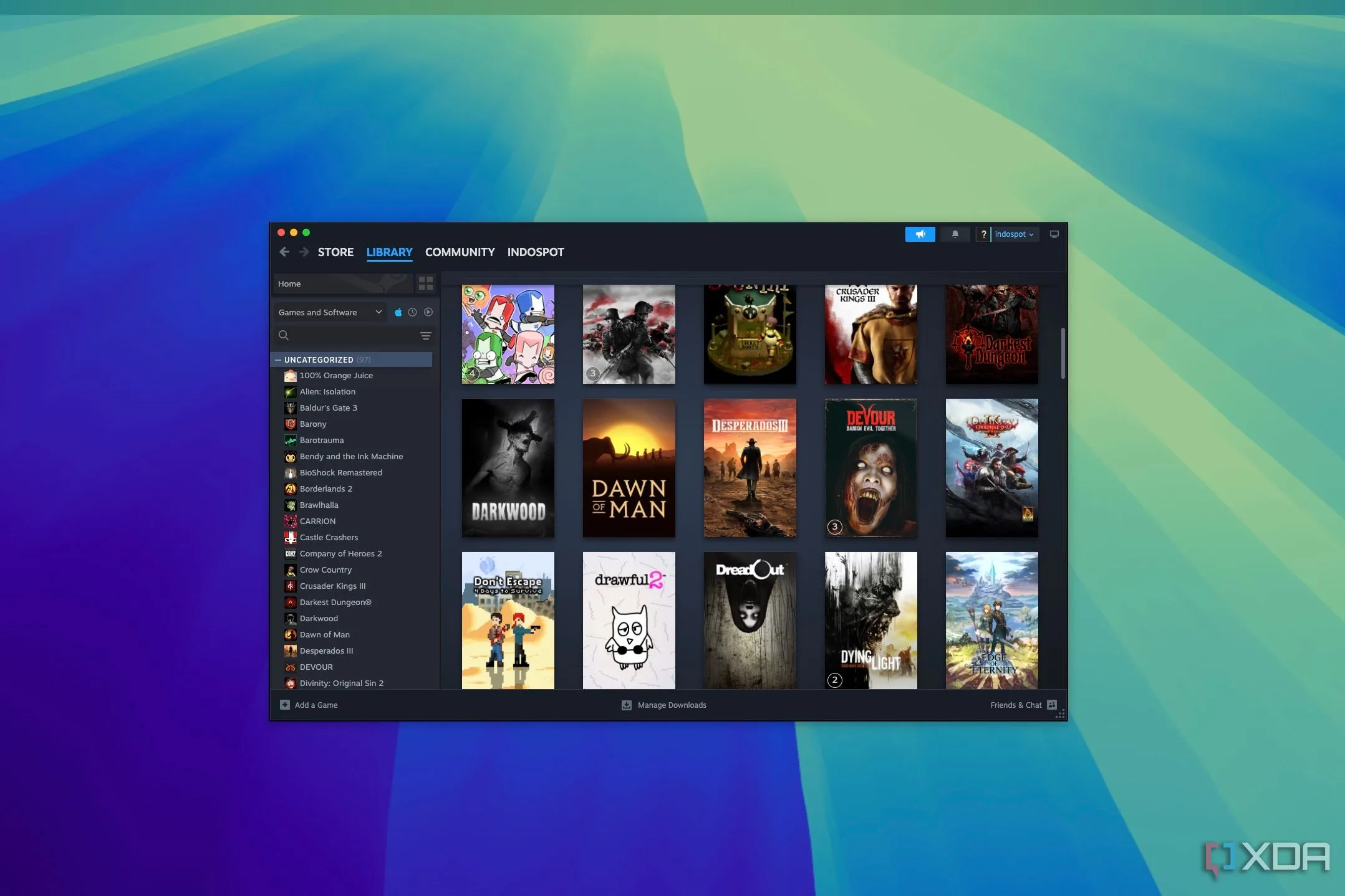 Ảnh chụp màn hình thư viện game Steam với 97 trò chơi có hỗ trợ Mac
