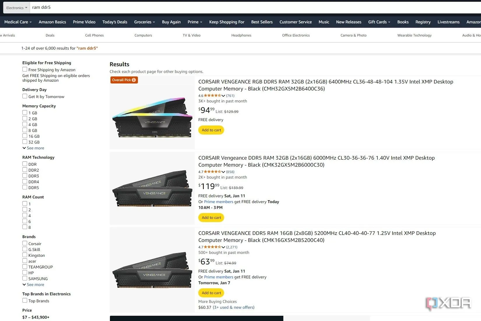 Ảnh chụp màn hình tìm kiếm RAM DDR5 trên Amazon, cho thấy đề xuất &quot;Overall Pick&quot; cuối cùng phù hợp hơn về thông số