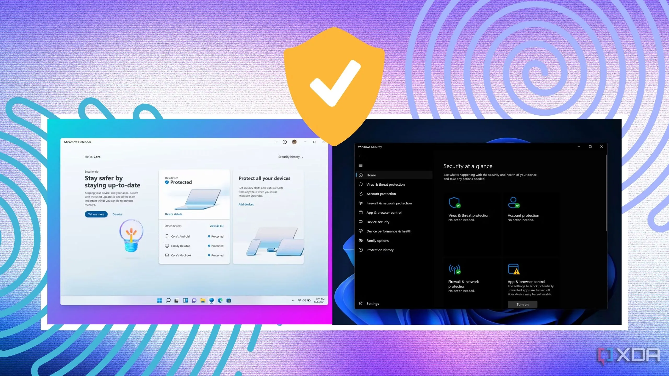 Ảnh chụp màn hình trang chủ Microsoft Defender và Windows Security, minh họa khu vực cài đặt Controlled Folder Access