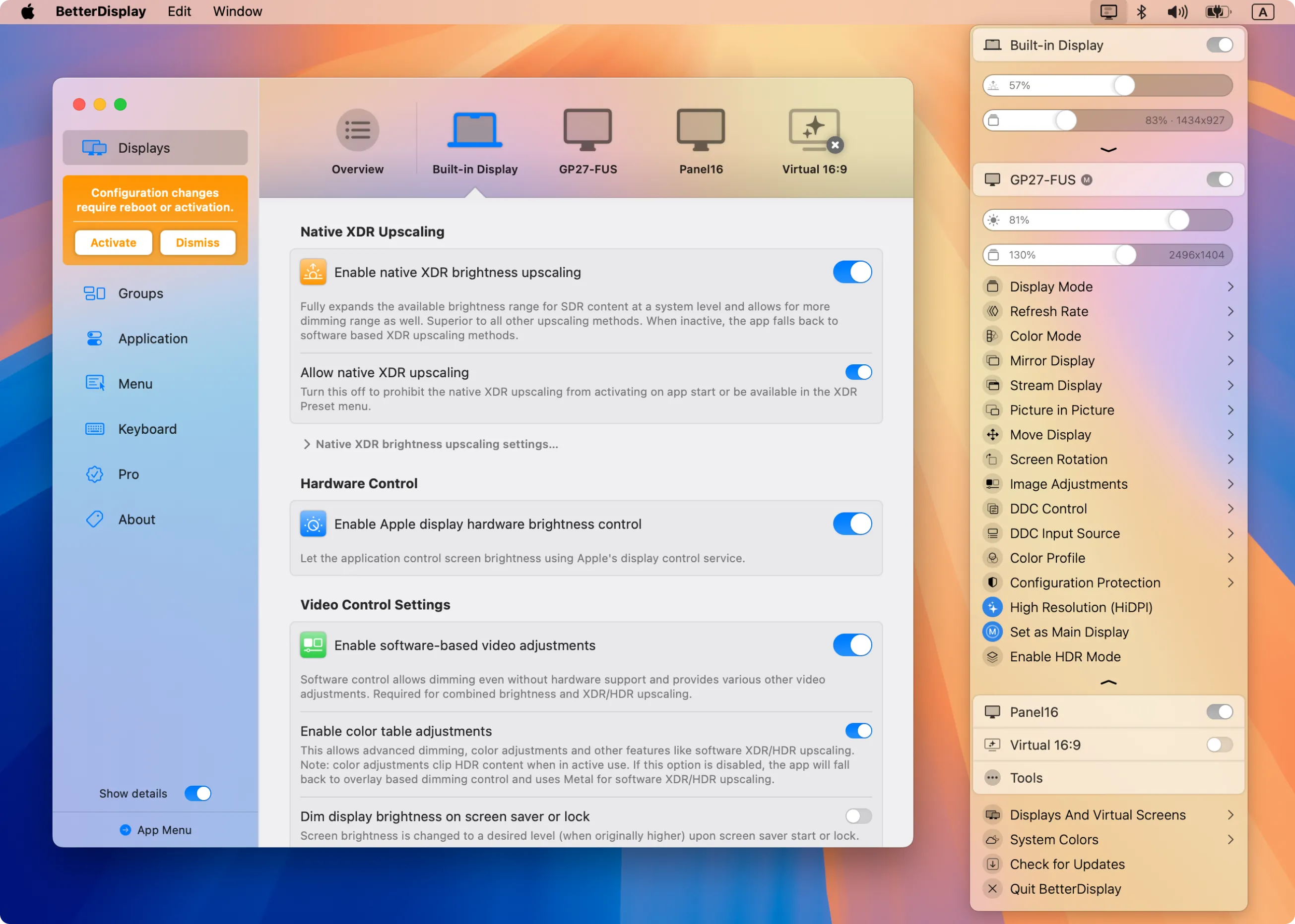 Ảnh chụp màn hình ứng dụng BetterDisplay trên macOS, hiển thị các tùy chọn cài đặt hiển thị