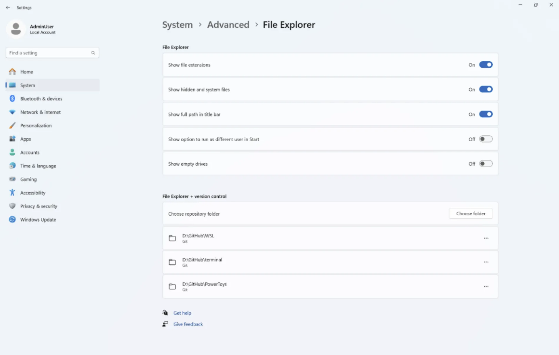 Ảnh chụp màn hình ứng dụng Cài đặt Windows 11 hiển thị trang cài đặt nâng cao của File Explorer