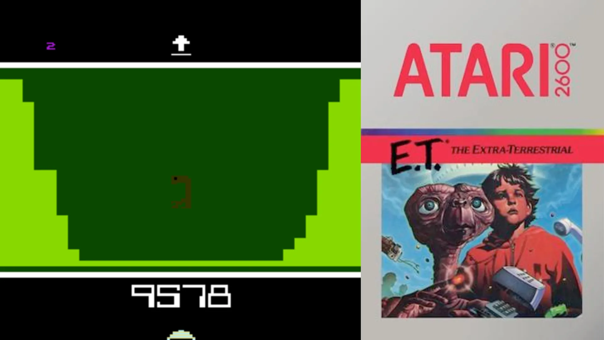 Ảnh chụp màn hình và bìa game E.T. The Extra-Terrestrial, biểu tượng của thảm họa game Atari