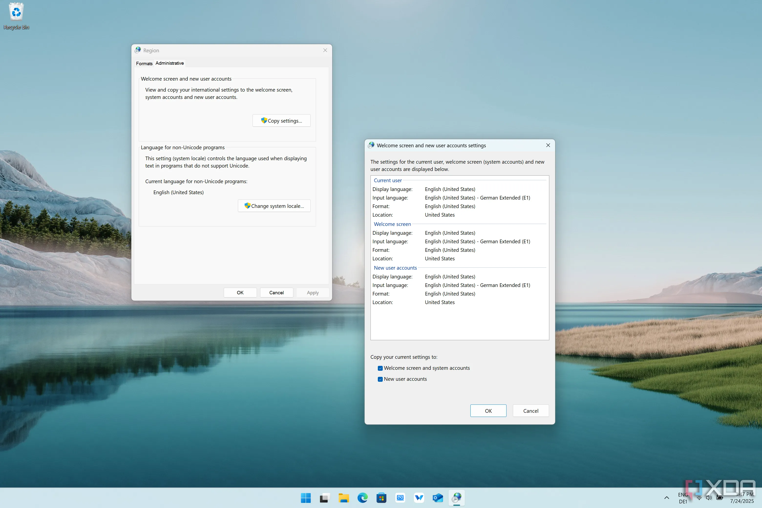 Ảnh chụp màn hình Windows 11 hiển thị hộp thoại sao chép cài đặt vùng từ người dùng hiện tại sang người dùng mới.