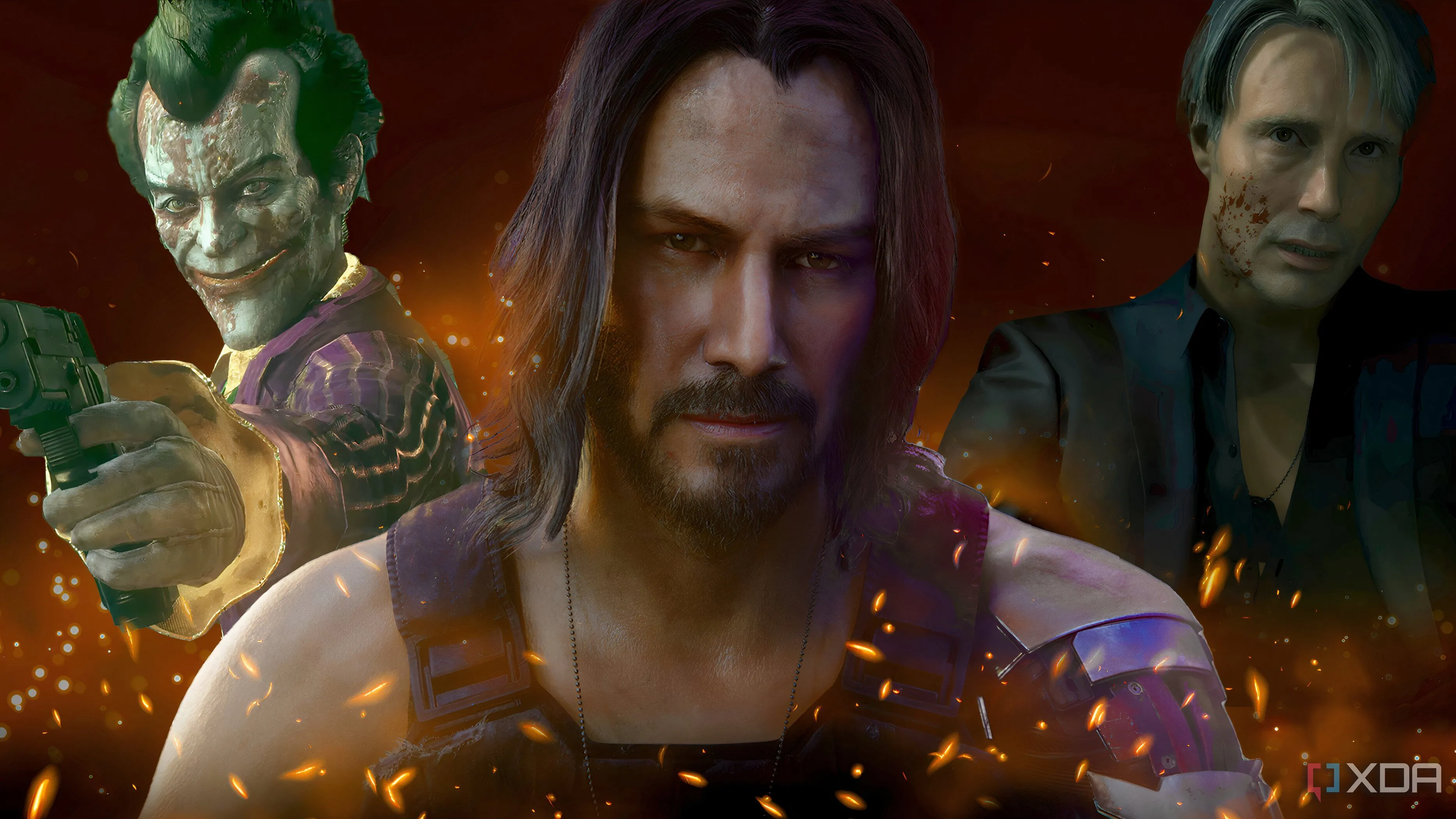 Ảnh collage các nhân vật game, bao gồm Joker từ Batman Arkham Knight, biểu tượng của diễn xuất lồng tiếng đỉnh cao trong dòng game siêu anh hùng.