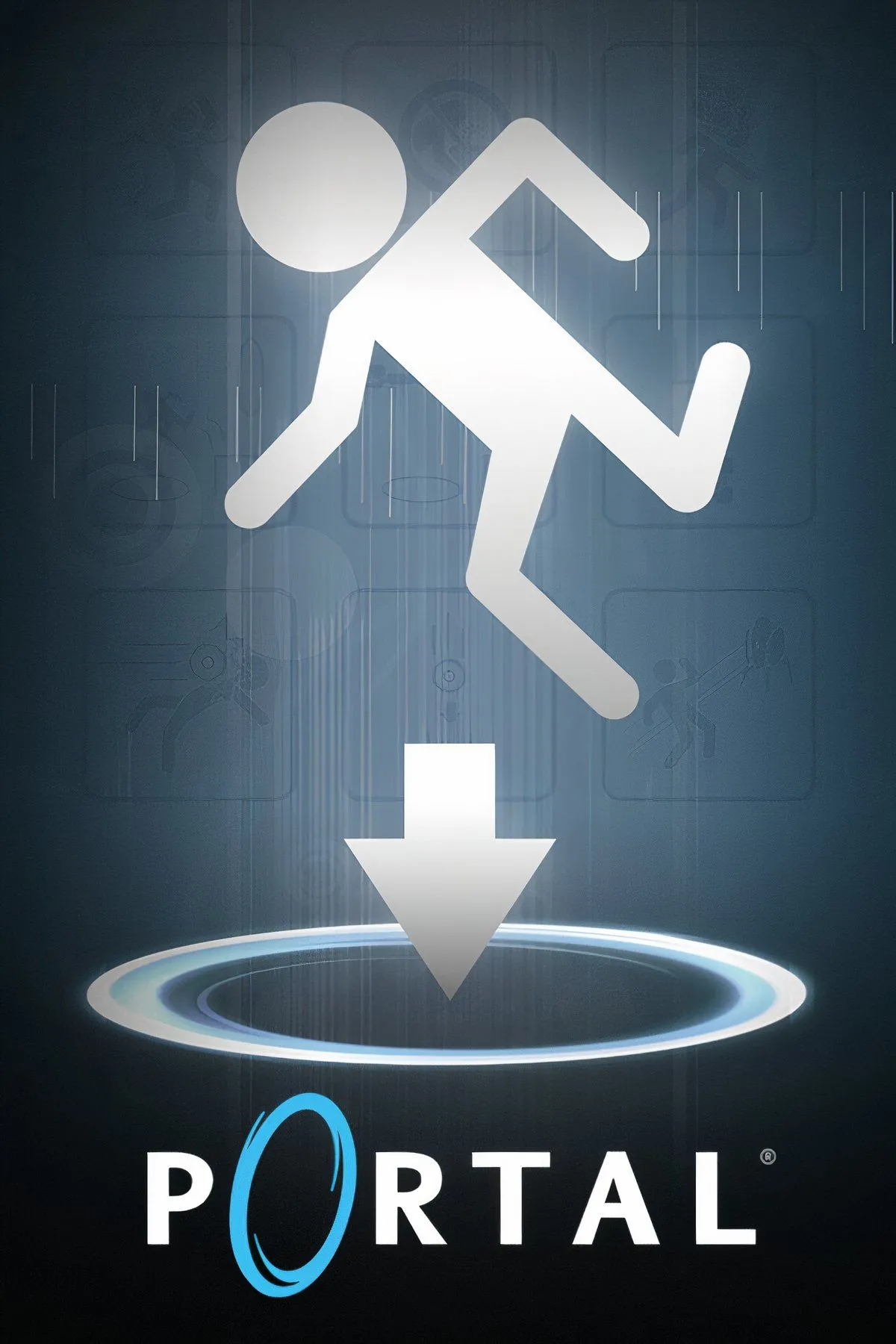 Ảnh ghép các khung cảnh trong game Portal, với môi trường công nghệ và cổng dịch chuyển màu xanh, cam.