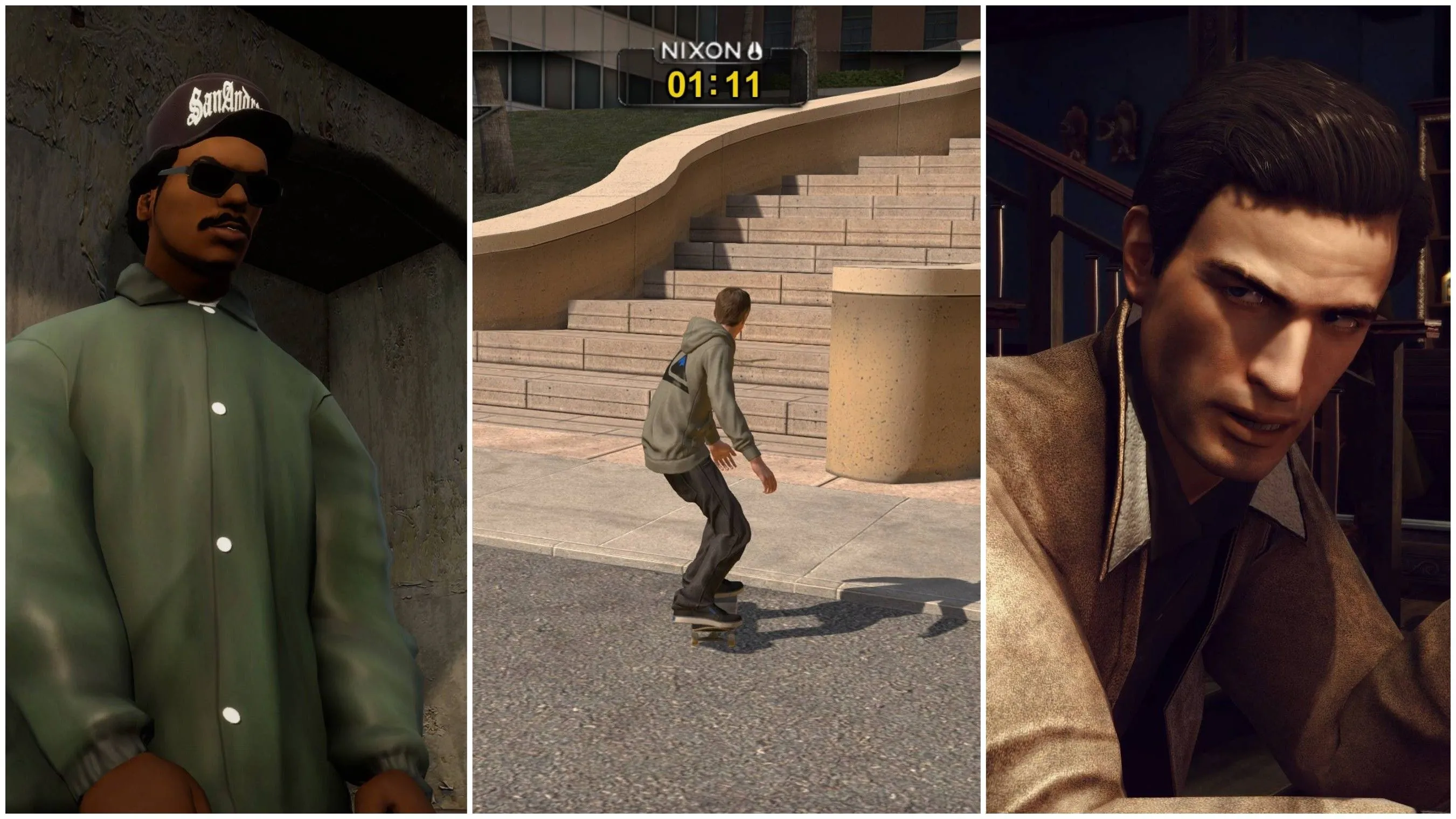 Ảnh ghép các nhân vật từ GTA San Andreas, Tony Hawk và một nhân vật từ Mafia II, biểu tượng cho các bản remake/remaster kém chất lượng