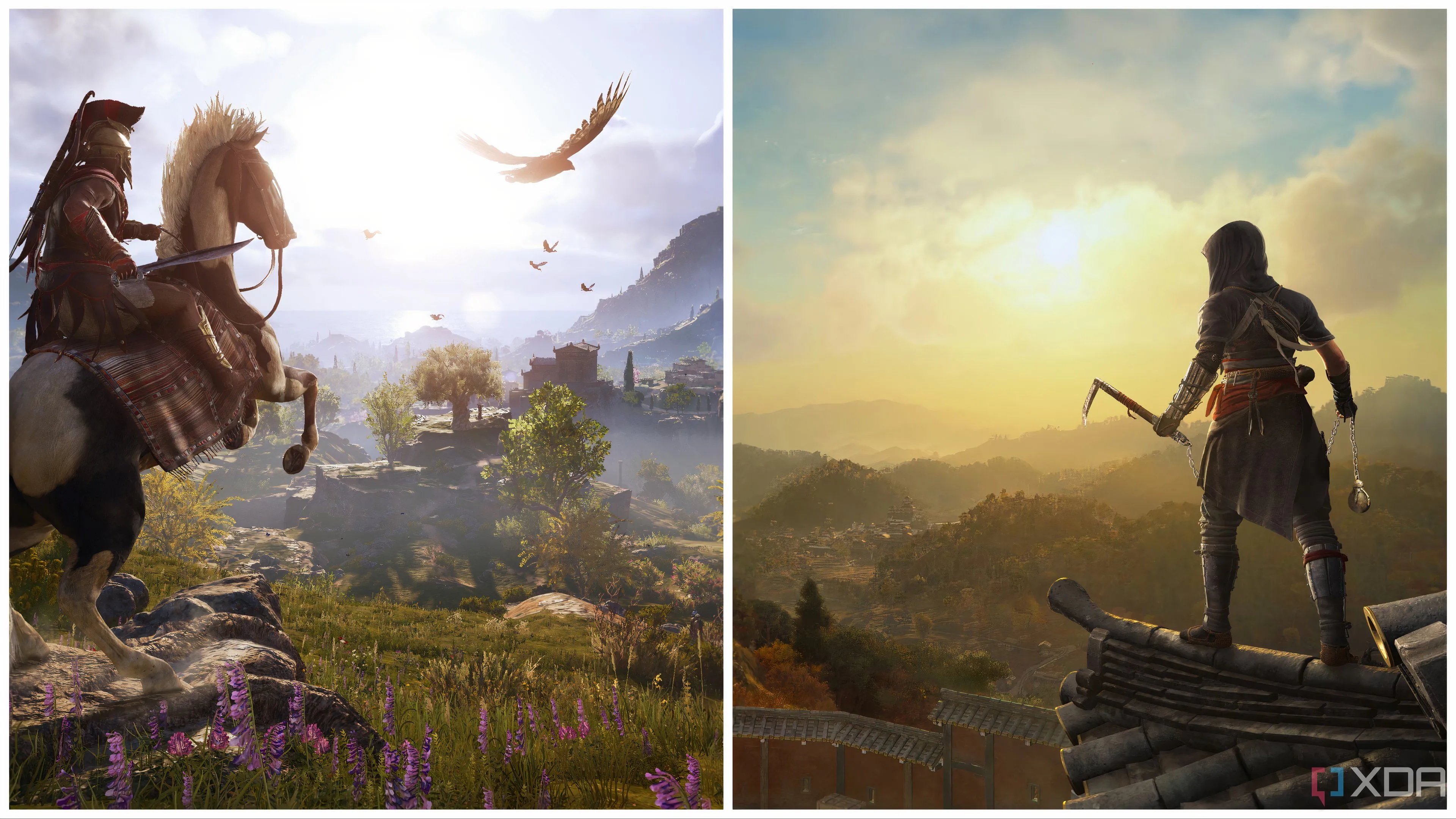 Ảnh ghép môi trường trong Assassin's Creed Odyssey và Assassin's Creed Shadows, thể hiện sự kết nối giữa hai tựa game