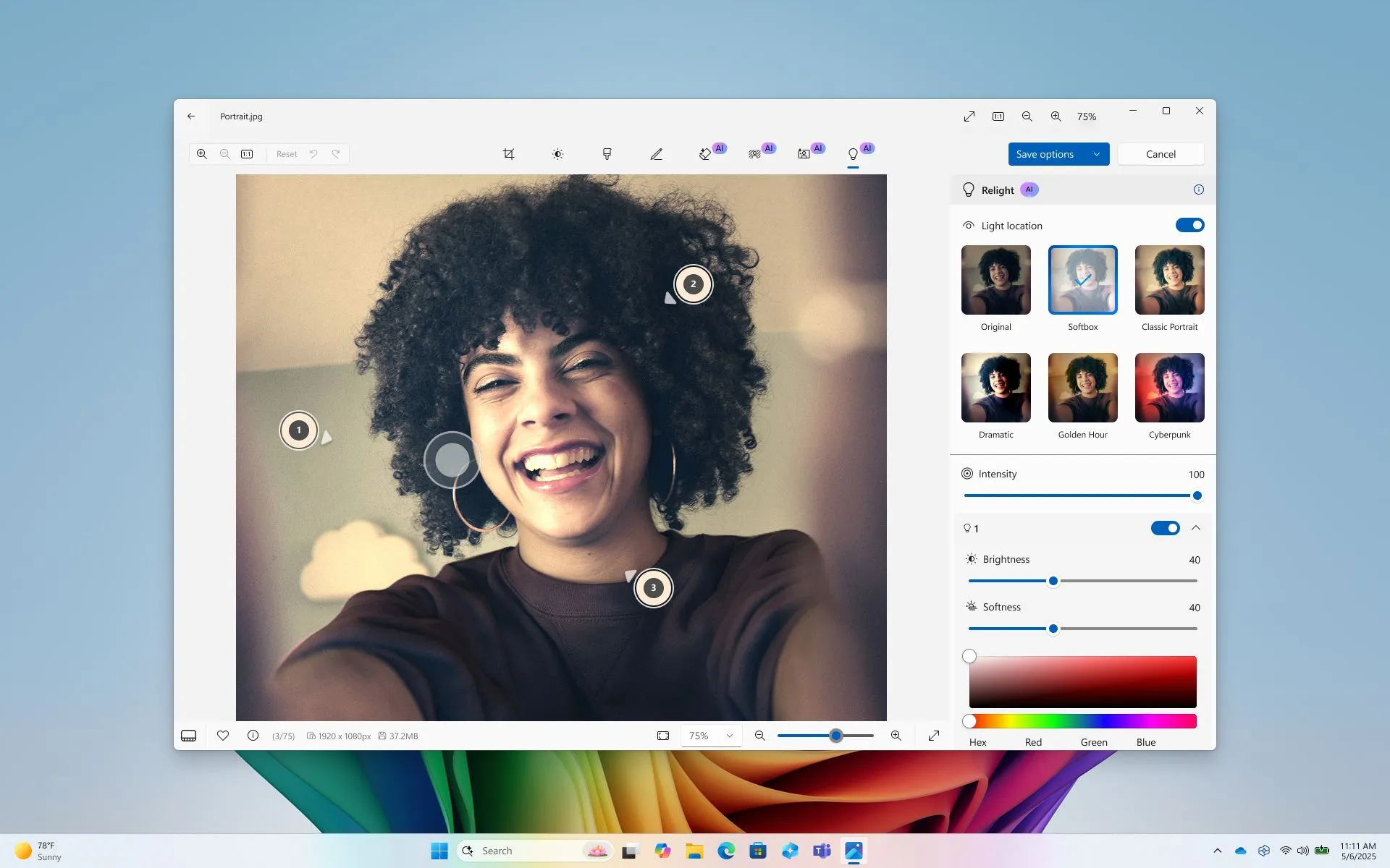 Ảnh giới thiệu tính năng Relight trong ứng dụng Photos trên Windows Copilot+ PC