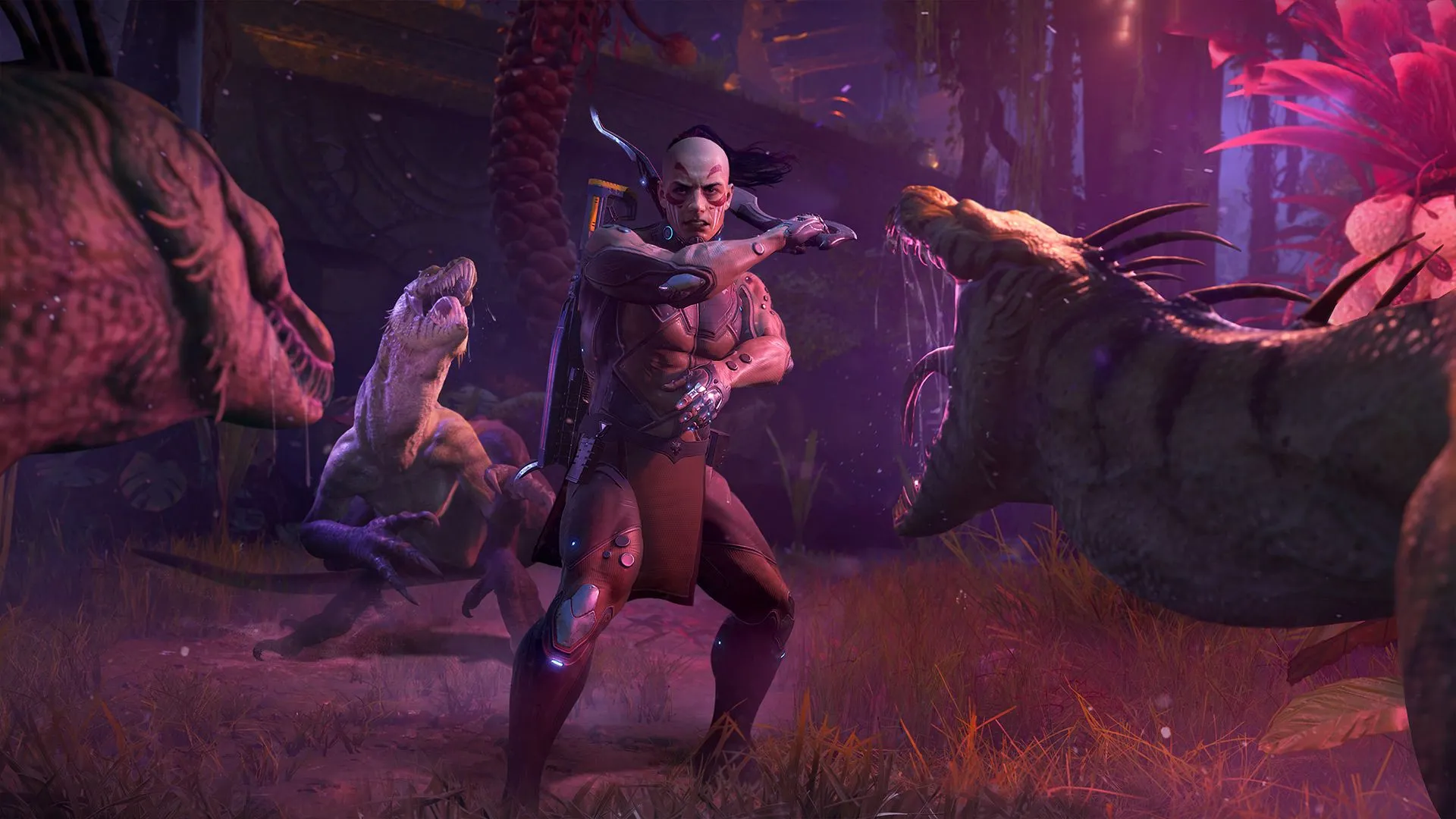 Anh hùng Turok sẵn sàng chiến đấu với ba con khủng long hung dữ, biểu tượng của thương hiệu game kinh điển