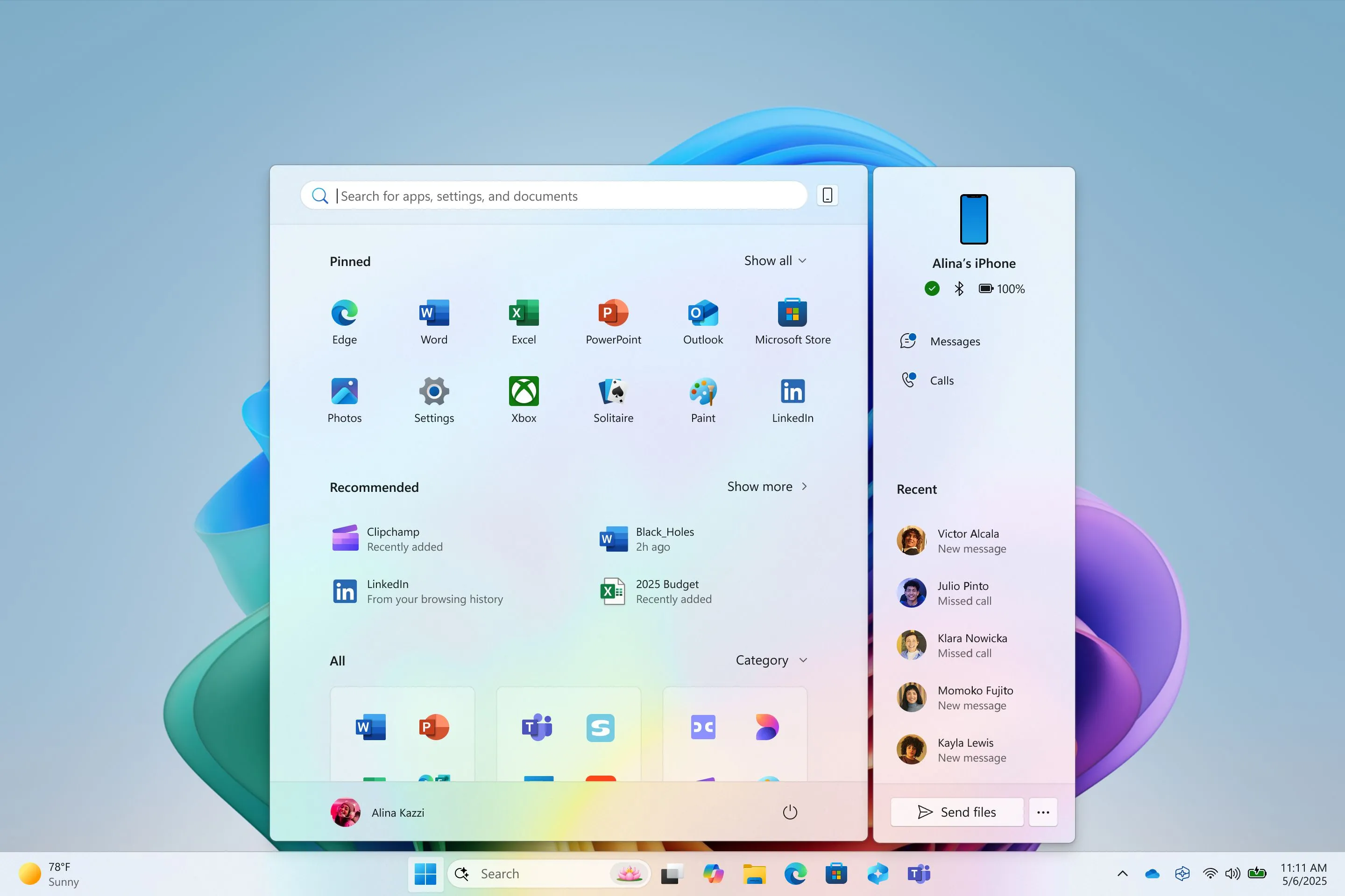 Ảnh Menu Start mới của Windows 11 tích hợp Phone Link