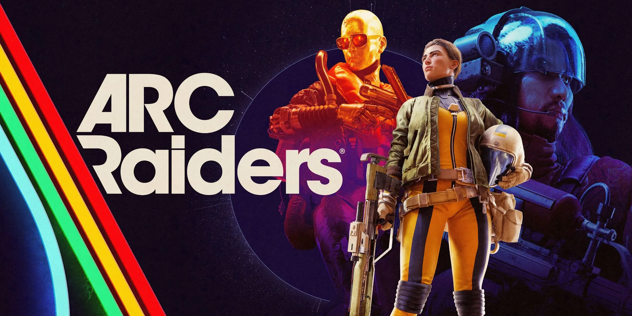 Ảnh nghệ thuật chính của ARC Raiders, nhóm Raiders đối đầu với kẻ thù cơ khí