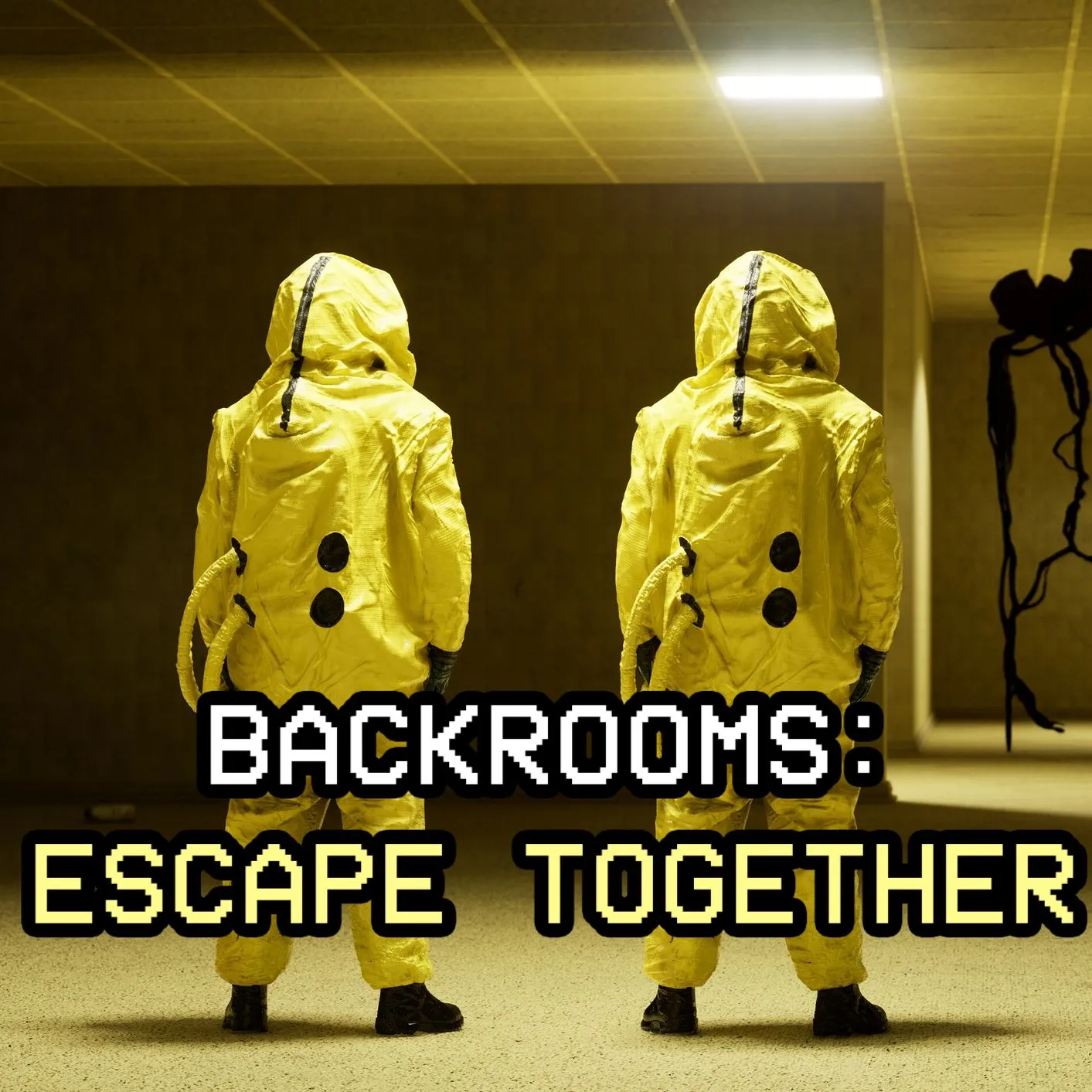 Ảnh sản phẩm game Backrooms: Escape Together, cho thấy các hành lang kinh dị và một thực thể đáng sợ