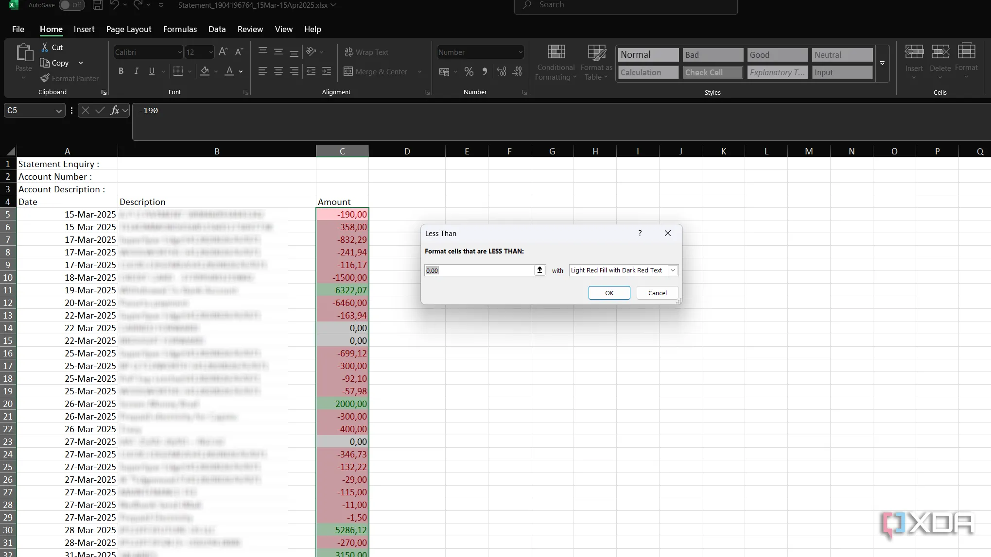 Áp dụng định dạng có điều kiện Less Than trong Excel để tô sáng các khoản chi phí