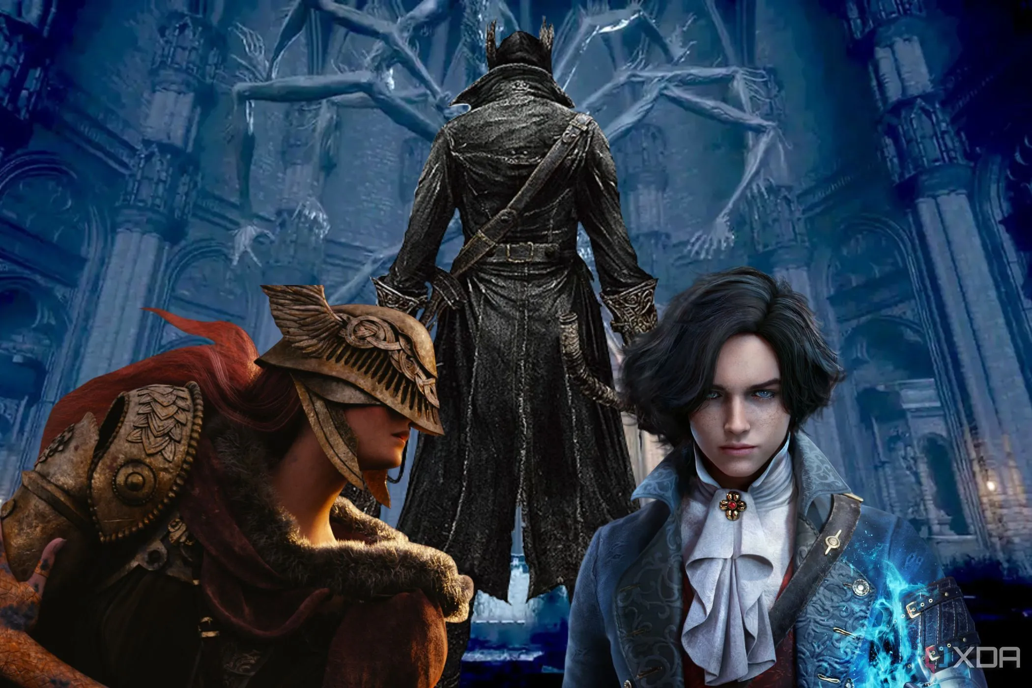 Ba nhân vật Bloodborne Hunter, Pinocchio và Malenia trong nhà thờ, tượng trưng cho những tựa game tương tự Elden Ring Nightreign