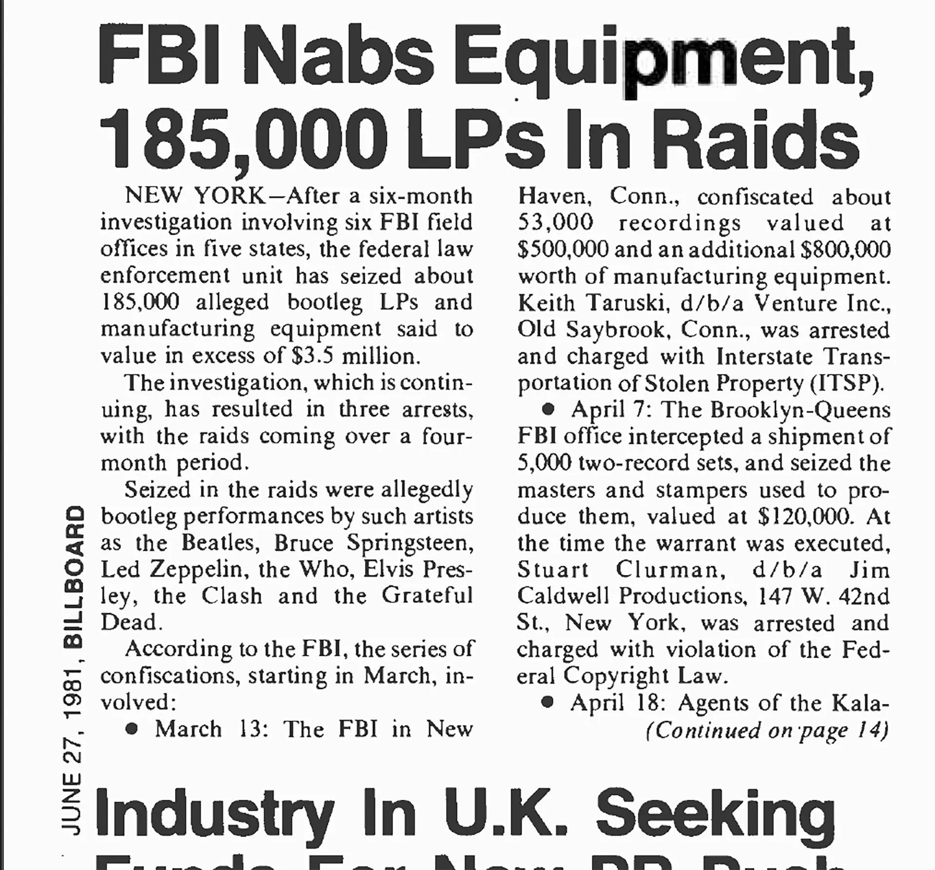 Bài báo Billboard Magazine năm 1981 về vụ đột kích FBI liên quan đến Keith Taruski