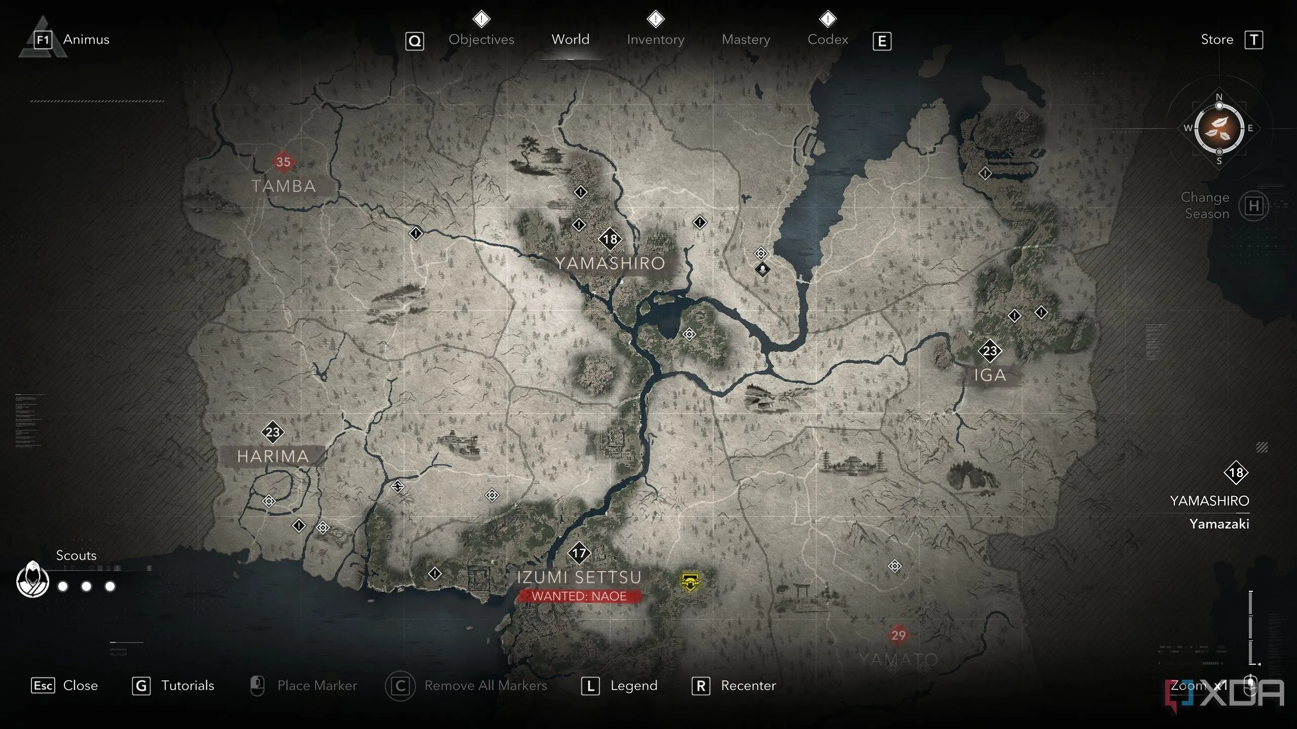 Bản đồ thế giới mở rộng lớn trong Assassin's Creed Shadows hiển thị các điểm Kakurega và vị trí trinh sát, nơi người chơi có thể quản lý tài nguyên và nhiệm vụ