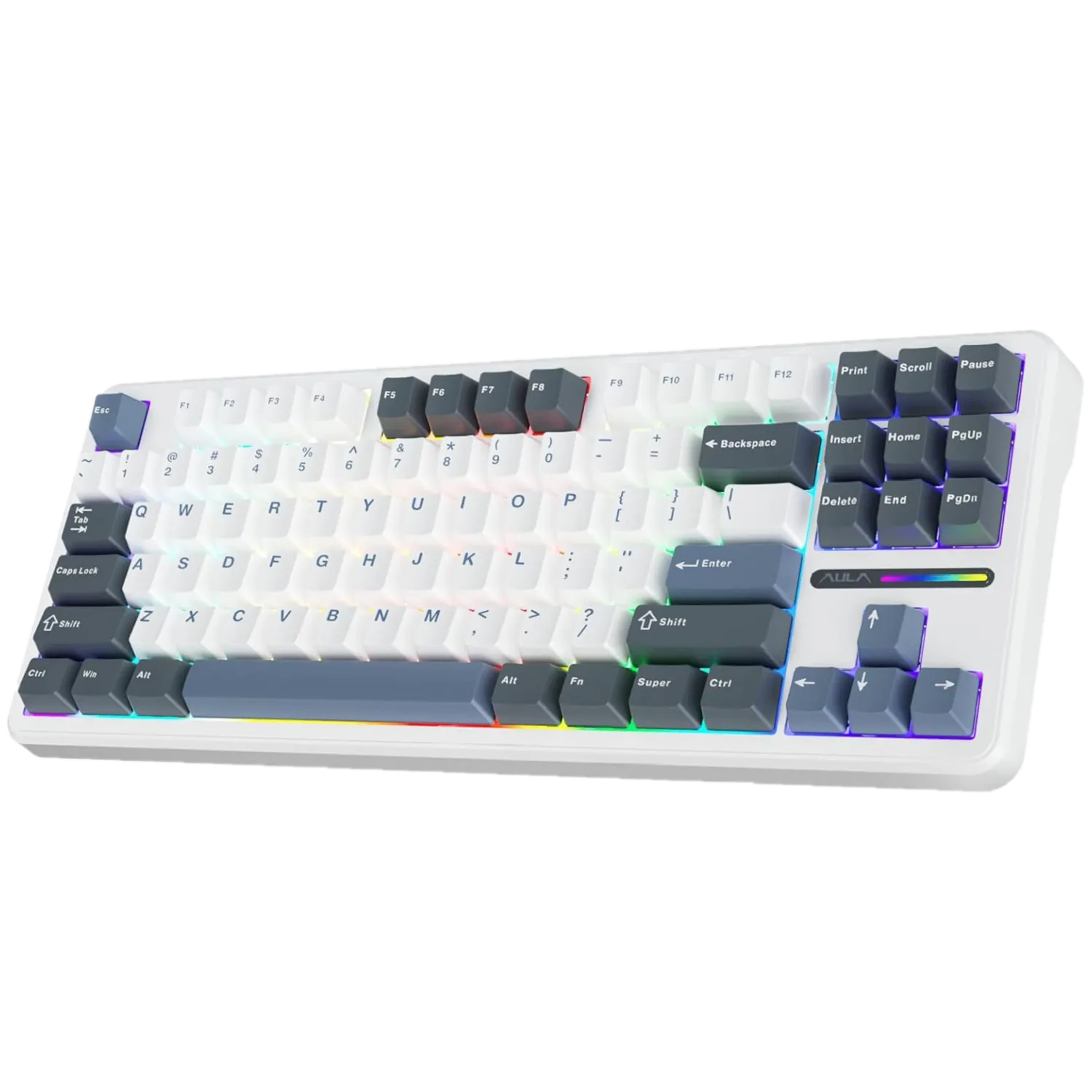 Bàn phím cơ Aula F87 màu trắng với đèn RGB, đại diện cho trải nghiệm gõ phím cao cấp trong phân khúc giá rẻ