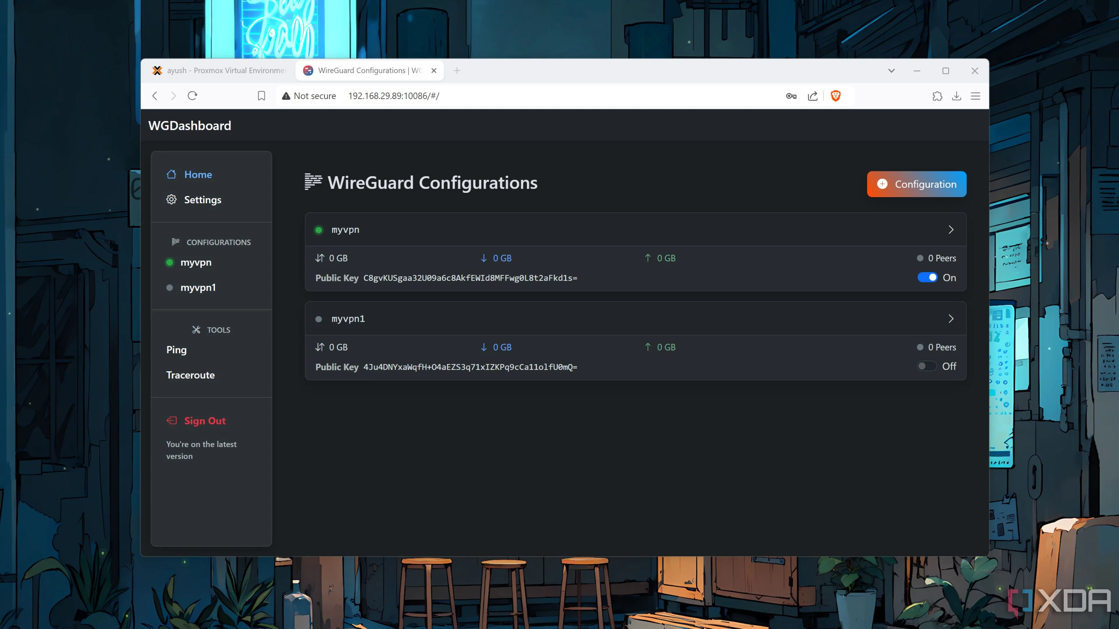 Bảng điều khiển WGDashboard với hai đường hầm VPN WireGuard đã được thiết lập