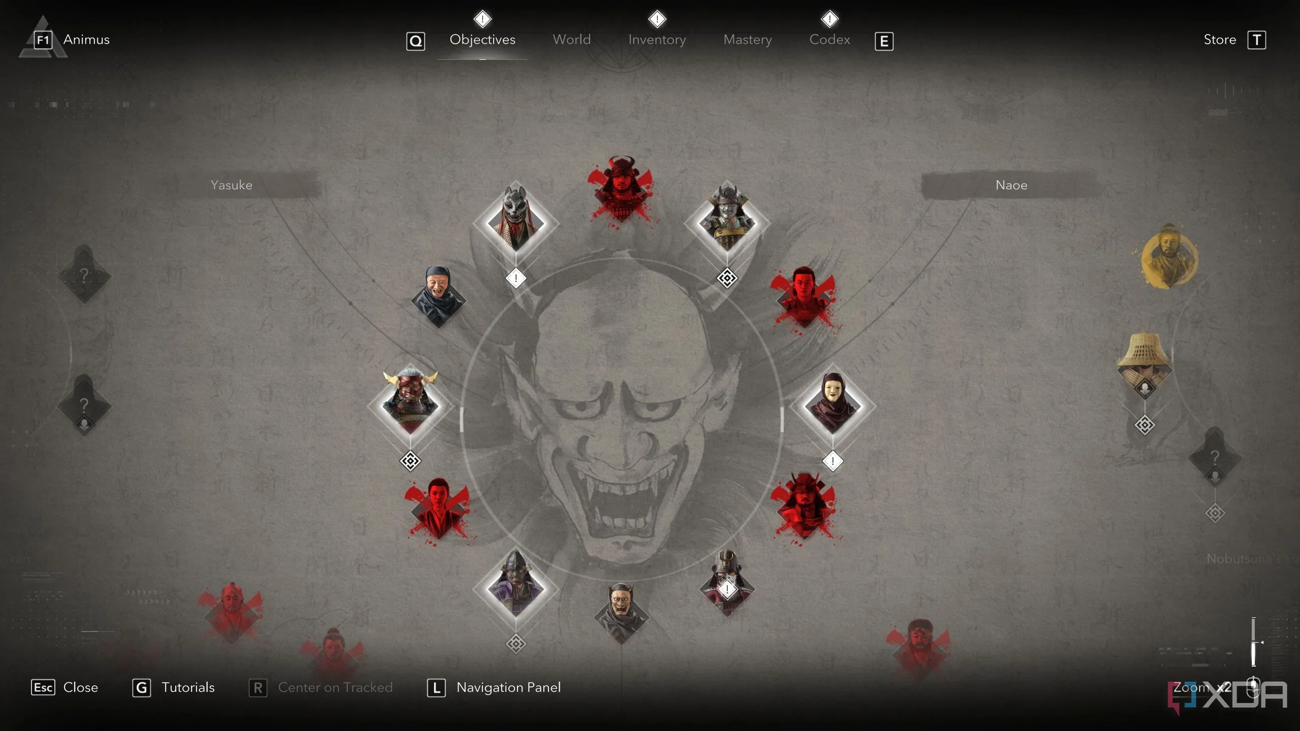 Bảng mục tiêu trong Assassin's Creed Shadows, sắp xếp các nhiệm vụ chính và phụ một cách rõ ràng