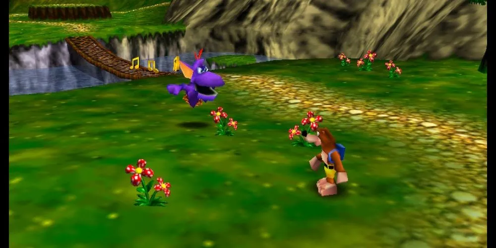 Banjo đứng cạnh một sinh vật màu tím trong một cánh đồng xanh mướt trong game Banjo-Kazooie
