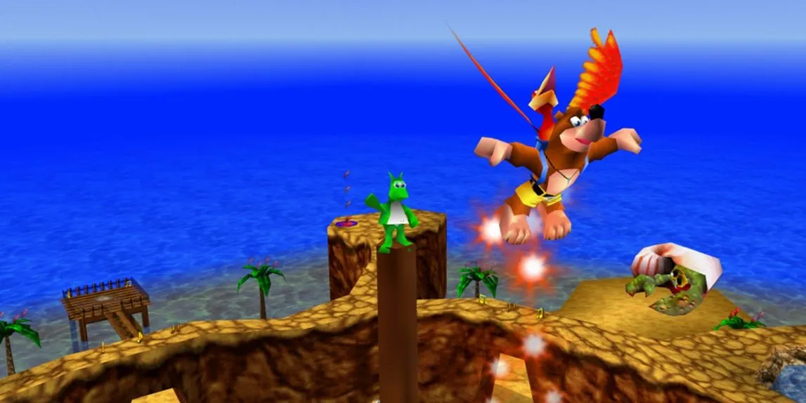 Banjo-Kazooie nhảy lên không trung để lấy Jinjo màu vàng, thể hiện lối chơi platformer năng động