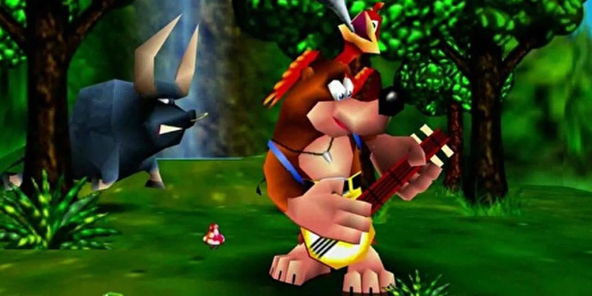 Banjo, nhân vật chính, đang chơi đàn banjo trong một phân cảnh của trò chơi Banjo-Kazooie