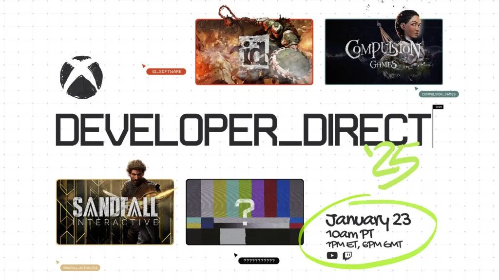 Banner quảng bá sự kiện Xbox Developer_Direct 2025 với các tựa game nổi bật