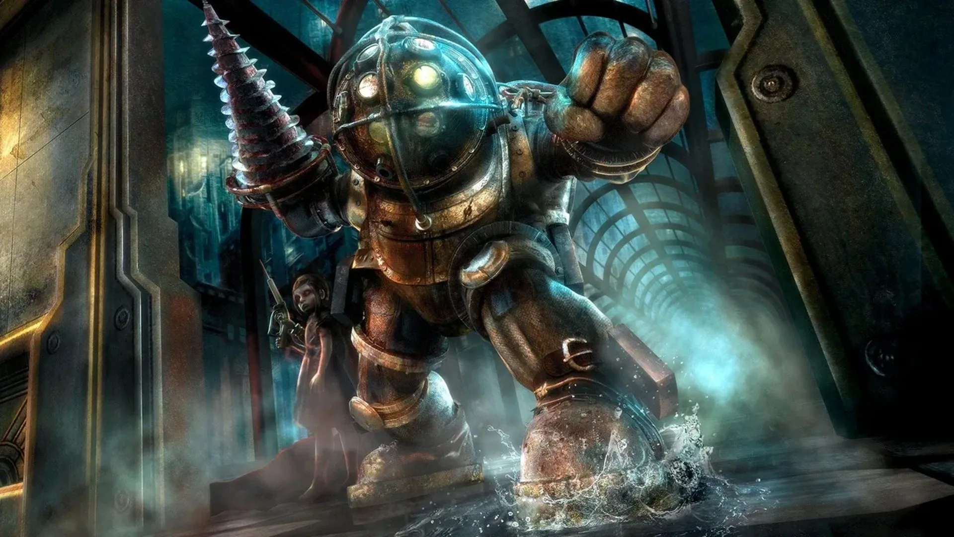 Bìa game BioShock trên Xbox 360 với Big Daddy và Little Sister dưới nước tại Rapture