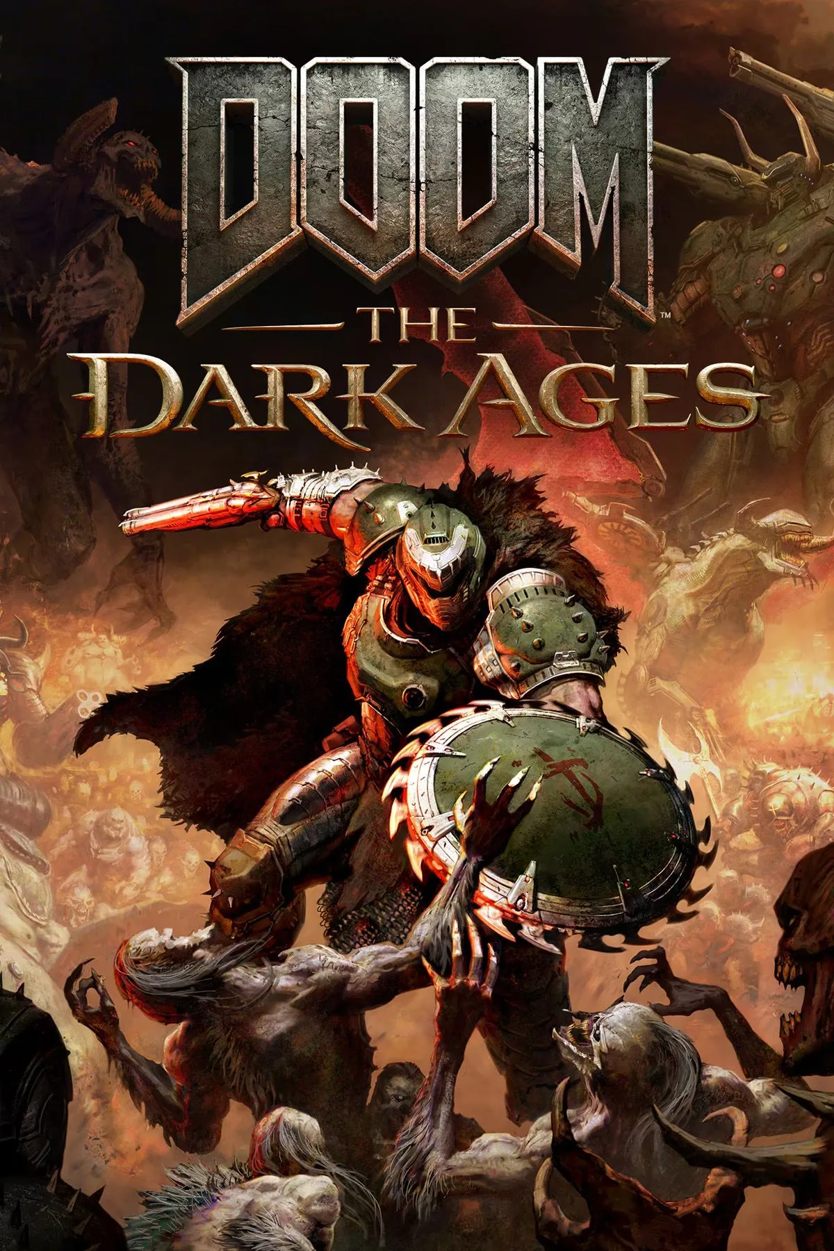 Bìa game Doom: The Dark Ages với hình ảnh Doom Slayer trong bộ giáp và khiên cưa độc đáo.