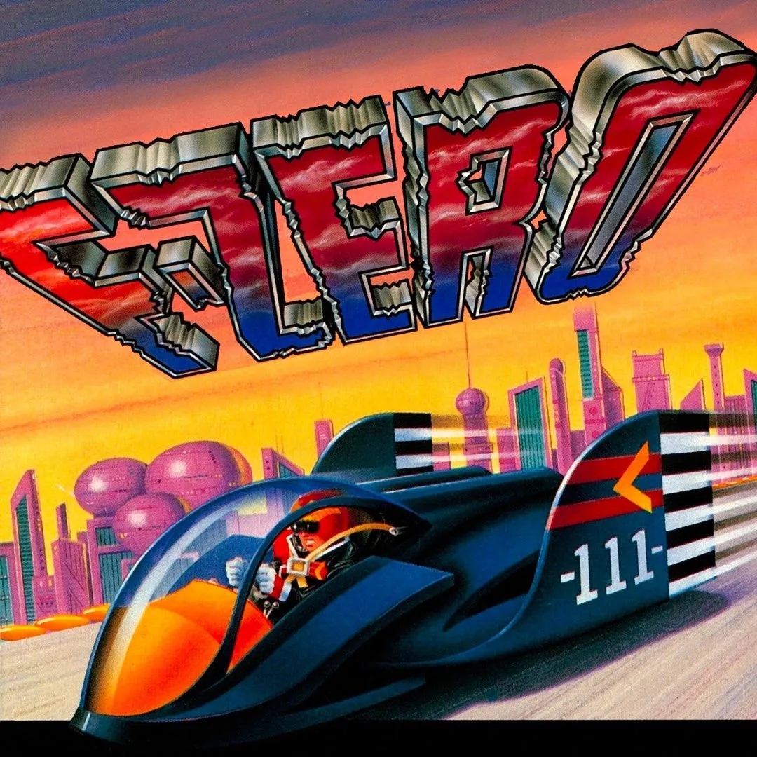 Bìa game F-Zero trên SNES, với tàu bay tốc độ cao Captain Falcon trên đường đua tương lai.