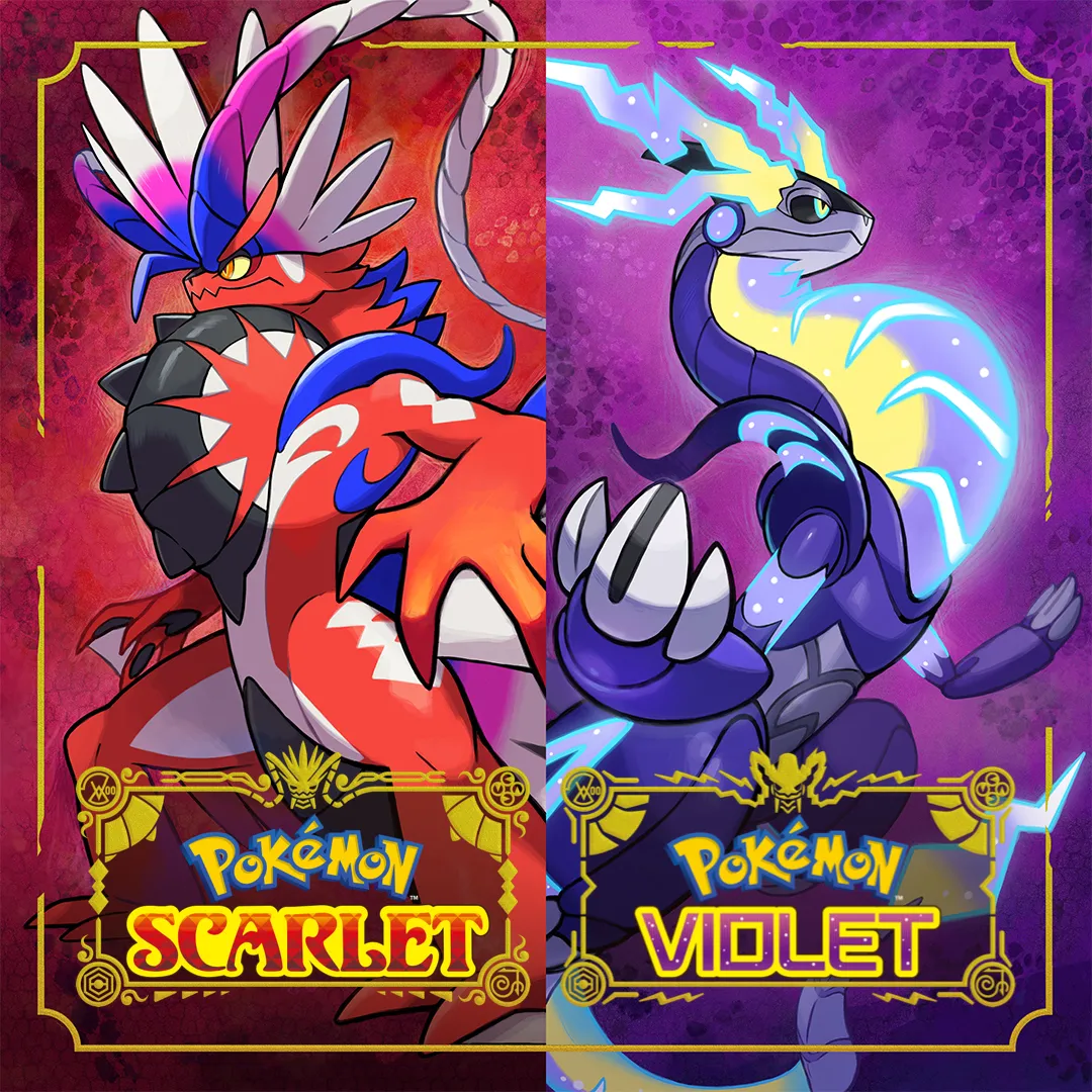 Bìa game Pokémon Scarlet và Violet với Koraidon và Miraidon, tượng trưng cho hai phiên bản game