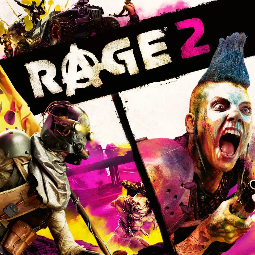 Bìa game Rage 2, với nhân vật chính Walker cầm súng trong một cảnh hành động hỗn loạn đầy màu sắc và hiệu ứng