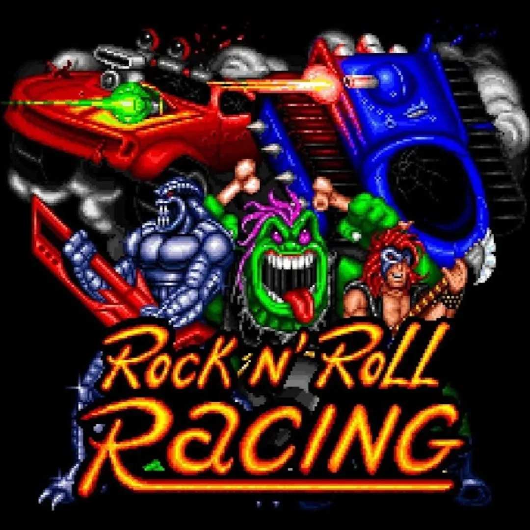 Bìa game Rock n' Roll Racing SNES với xe đua bọc thép và phong cách âm nhạc rock.