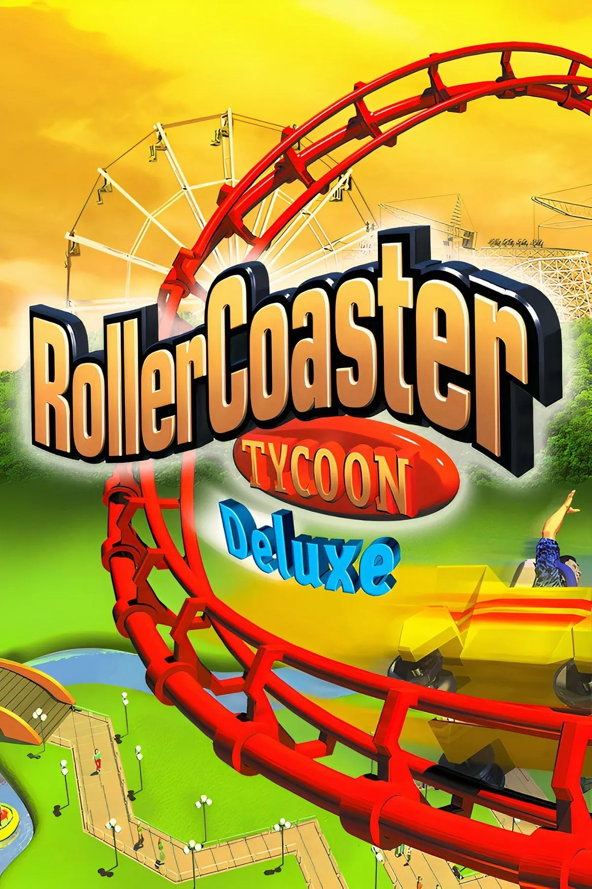 Bìa game RollerCoaster Tycoon, một game mô phỏng công viên giải trí kinh điển với đồ họa pixel art đặc trưng