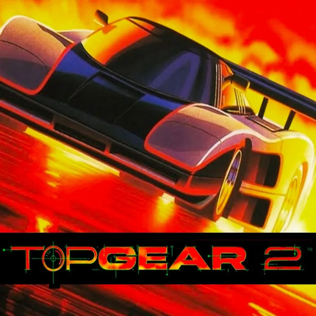 Bìa game Top Gear 2 trên SNES, minh họa đồ họa cải tiến và các tuyến đường đua đa dạng.
