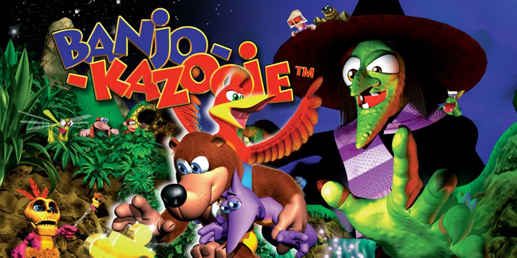 Bìa hộp game Banjo-Kazooie với hình ảnh Banjo và Kazooie nổi bật