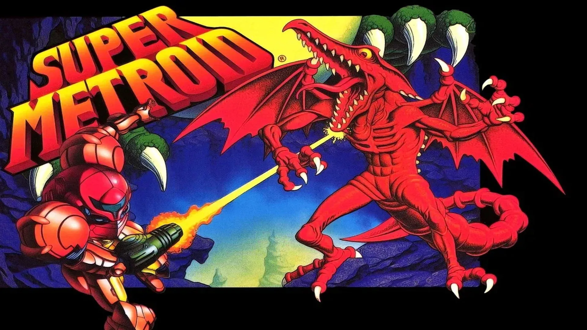 Bìa hộp game Super Metroid trên Super Nintendo, thể hiện Samus Aran trong bộ giáp Power Suit đầy uy lực.