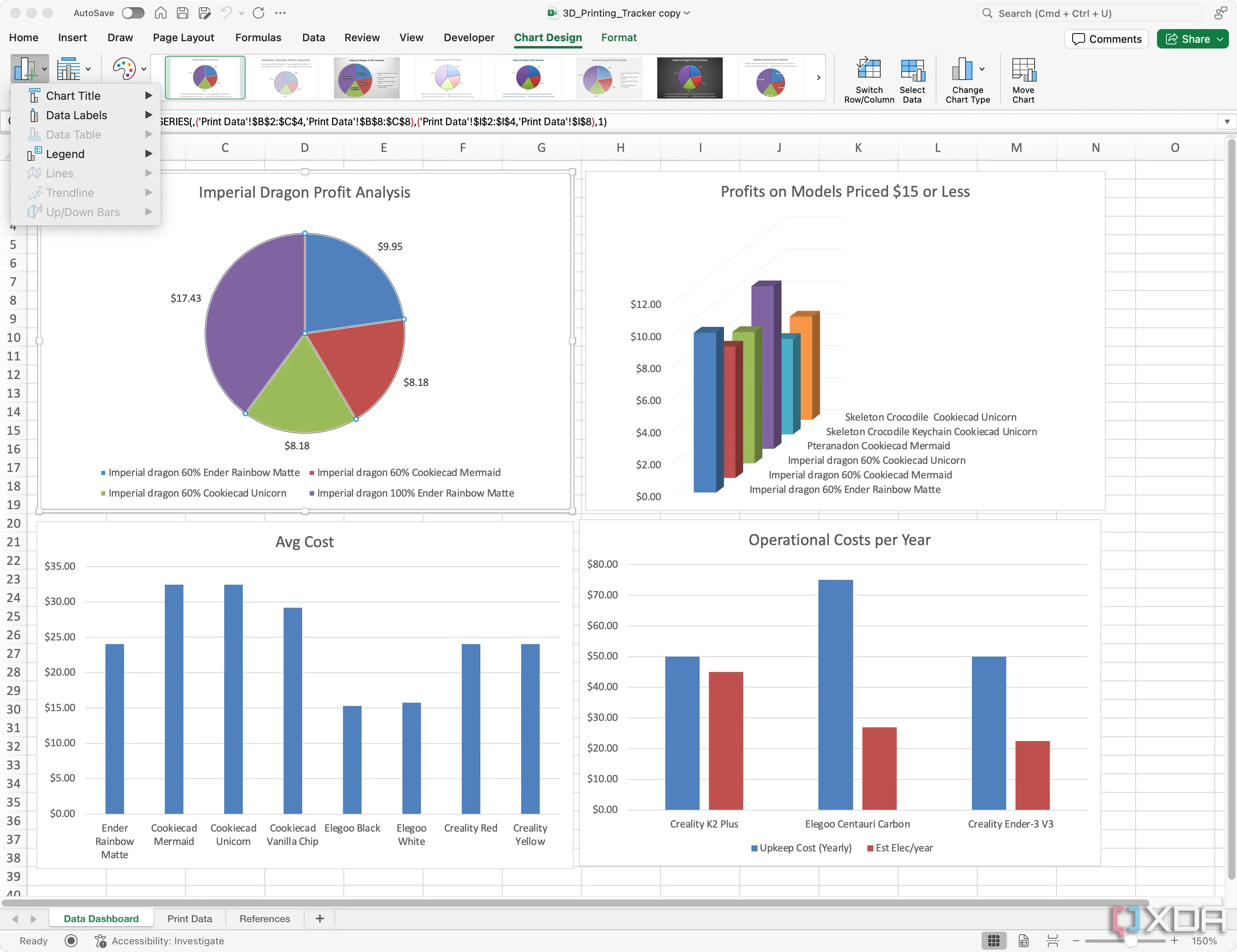 Biểu đồ dữ liệu in 3D đã được tạo trong Excel với các tùy chỉnh thiết kế