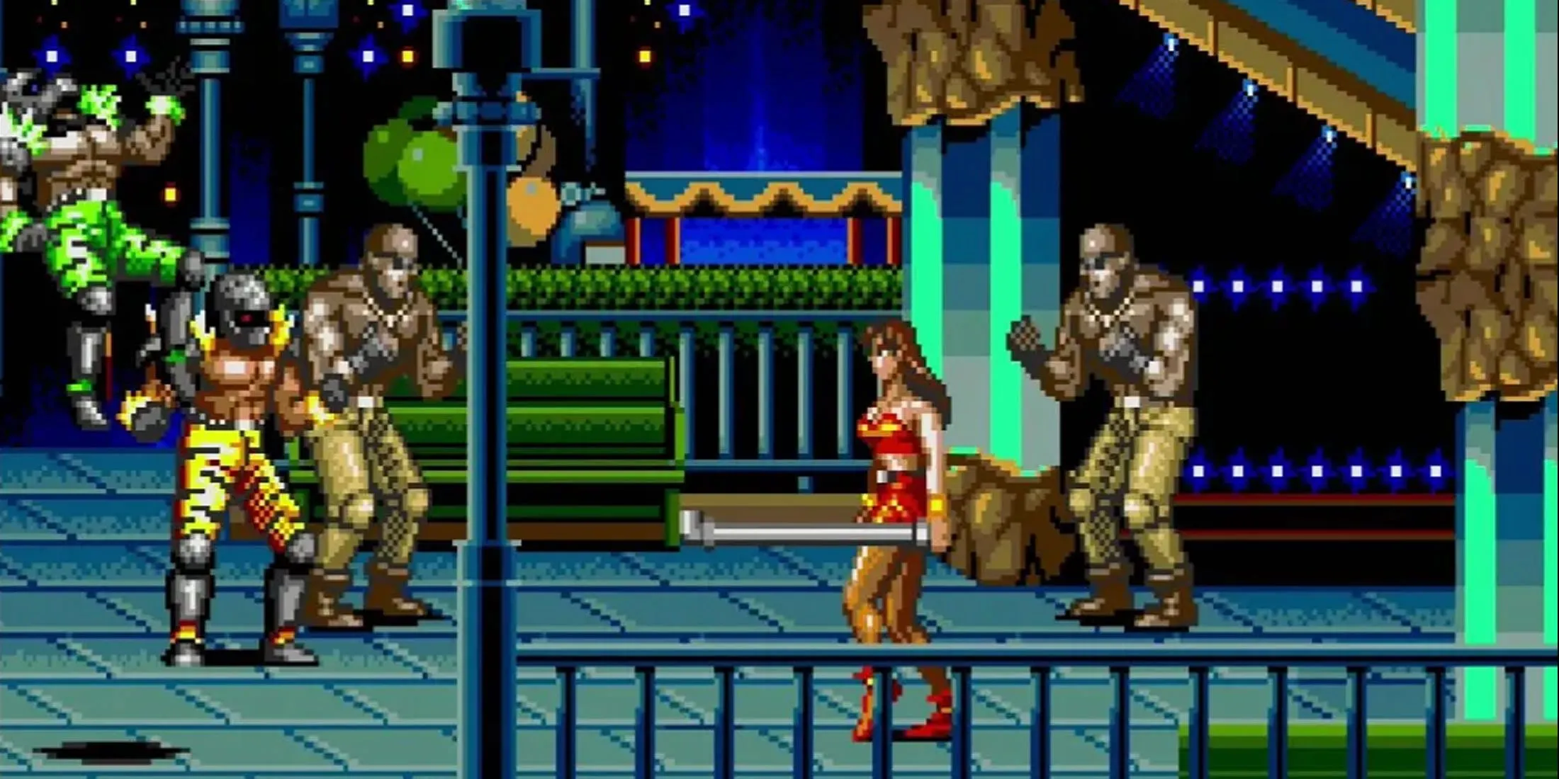 Blaze Fielding, một trong những nhân vật chính, đang thực hiện một đòn tấn công mạnh mẽ trong game Beat 'Em Up kinh điển Streets of Rage 2 trên Sega Genesis.