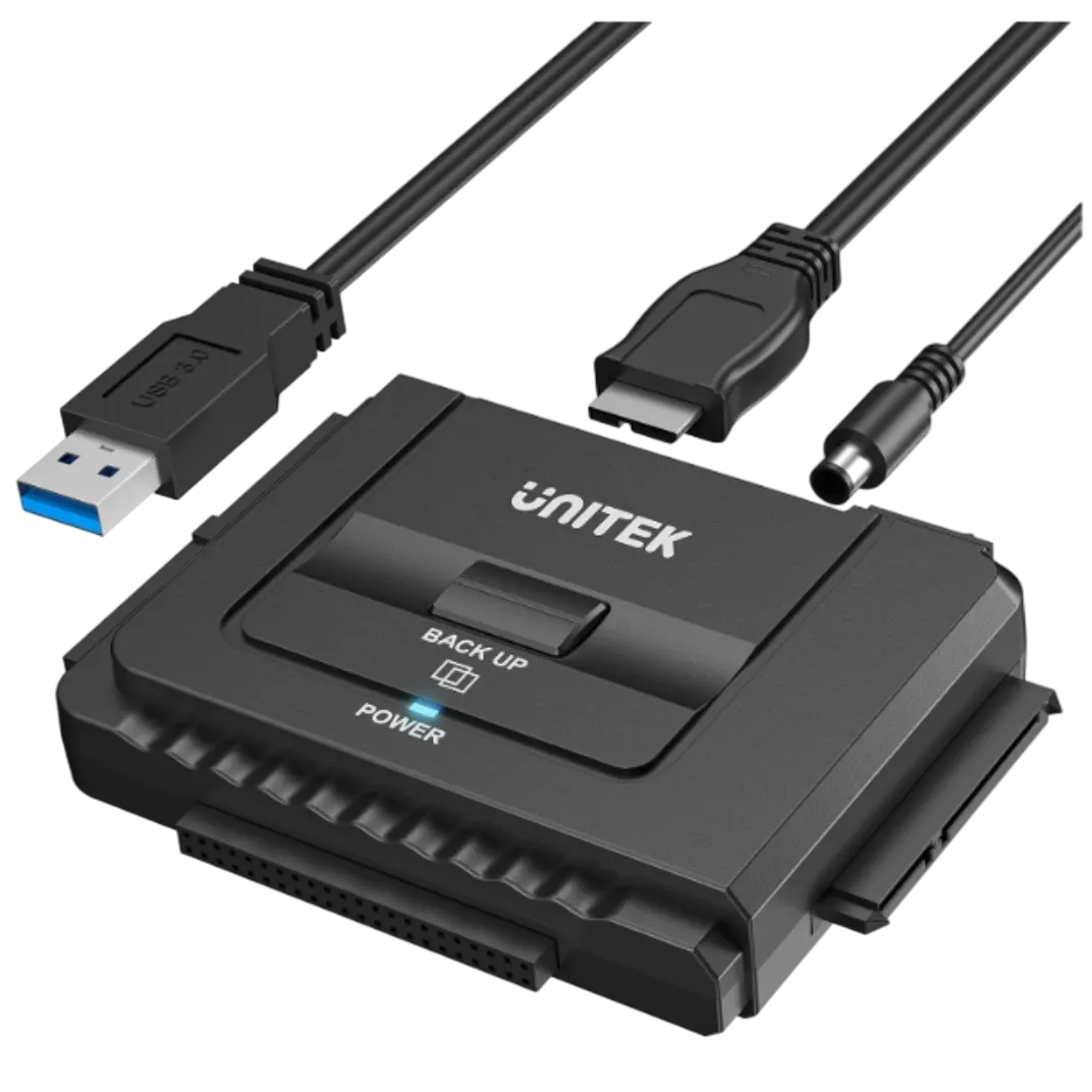 Bộ chuyển đổi Unitek USB 3.0 sang IDE và SATA, minh họa thiết bị cần thiết để biến ổ cứng cũ thành ổ ngoài.