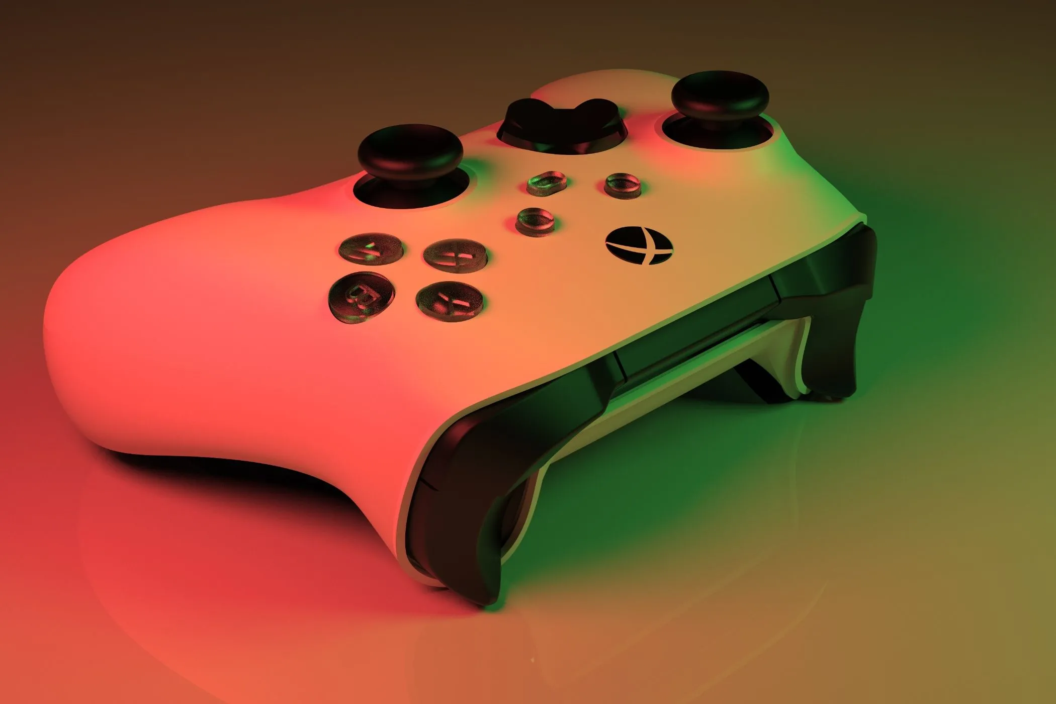 Bộ điều khiển Xbox Series X màu trắng dưới ánh đèn đỏ xanh, thể hiện trải nghiệm gaming console hiện đại.