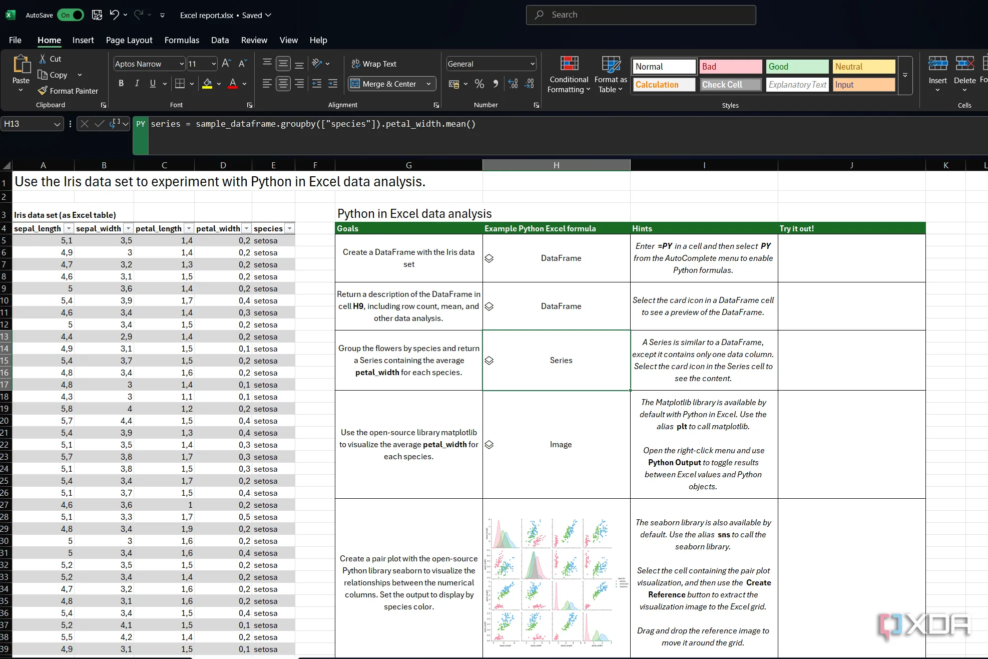Bộ dữ liệu Iris mẫu được hiển thị trong bảng tính Excel để thực hành Python