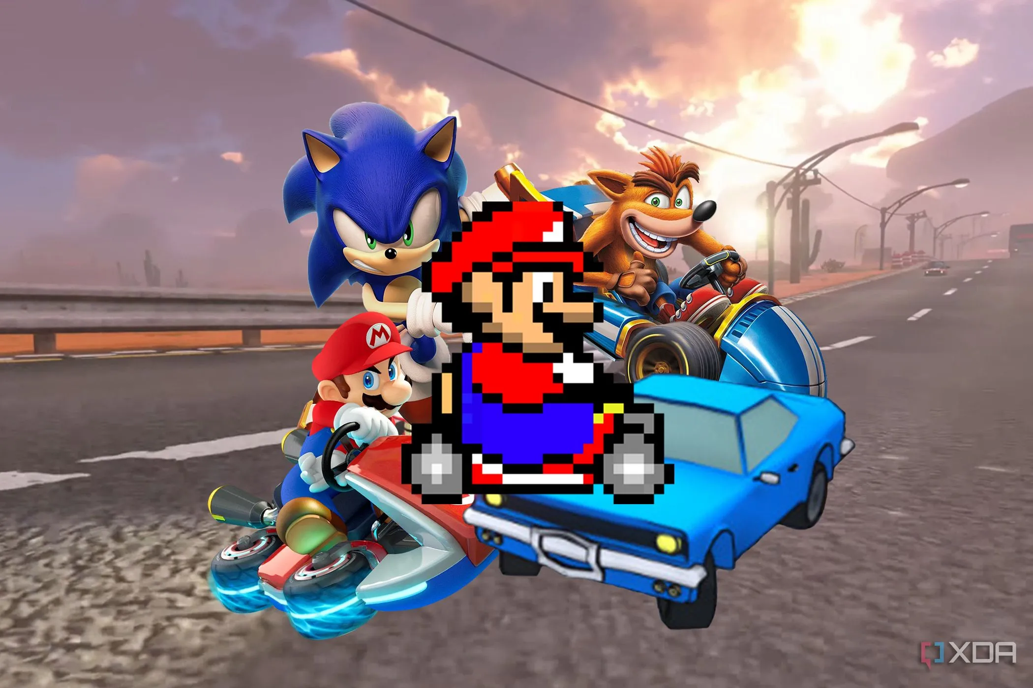 Bối cảnh đường đua Mario Kart World với Sonic, Mario, Crash và Flex Riders