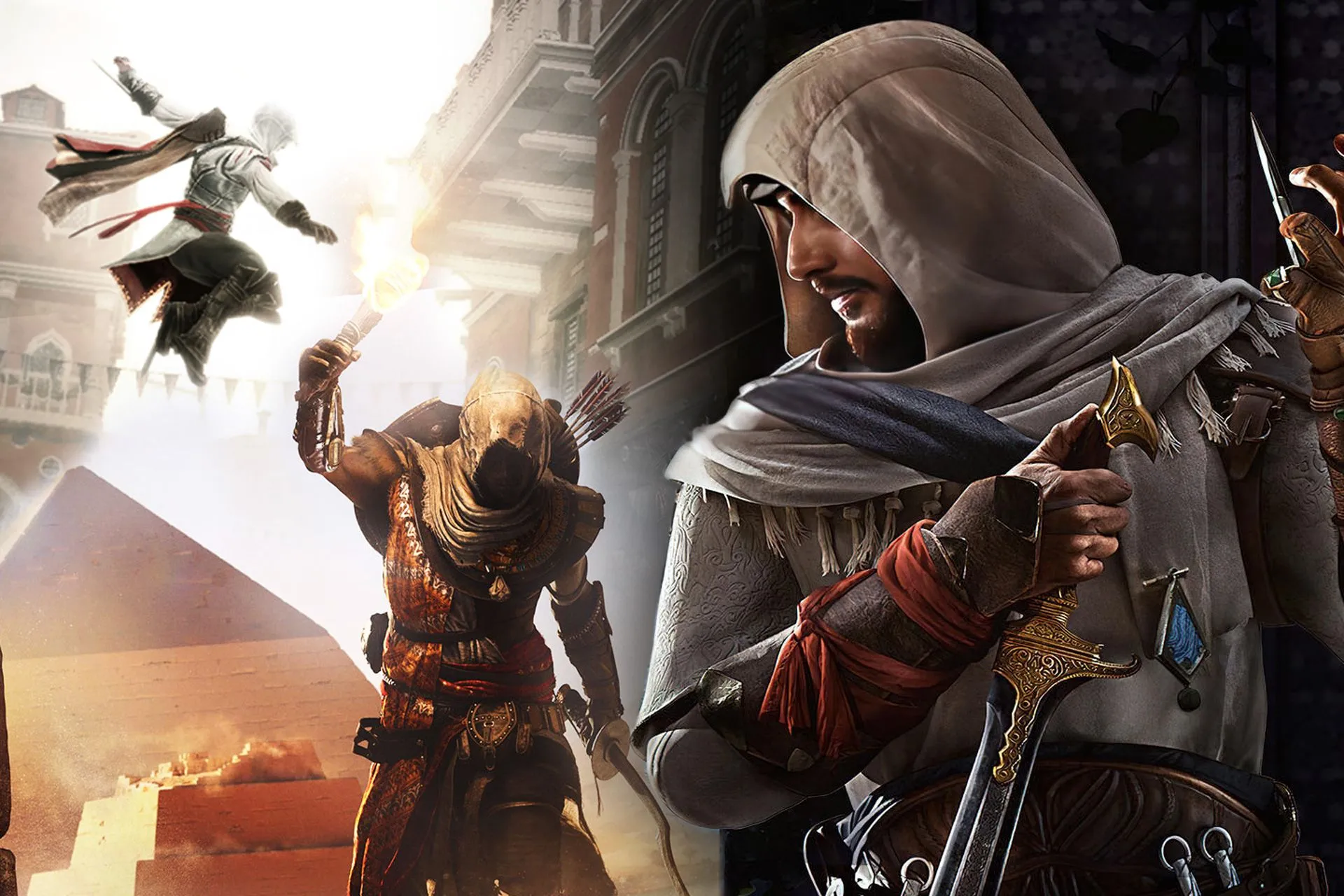 Bốn sát thủ huyền thoại của Assassin's Creed: Basem, Bayek, Ezio và Altaïr, gợi nhớ lịch sử series