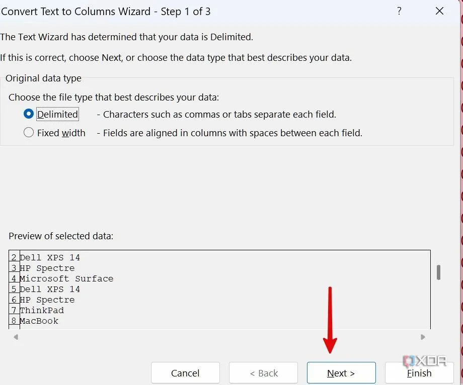 Bước 1 của &quot;Convert Text to Columns Wizard&quot; trong Excel, chọn kiểu phân tách dữ liệu.