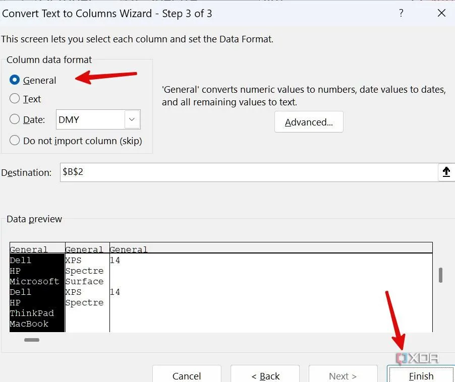 Bước 3 của &quot;Convert Text to Columns Wizard&quot;, chọn định dạng dữ liệu cột là &quot;General&quot; để hoàn tất.