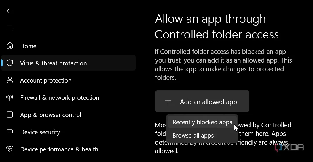 Các bước cho phép ứng dụng bị chặn truy cập thông qua Controlled Folder Access trên Windows, quản lý quyền ứng dụng