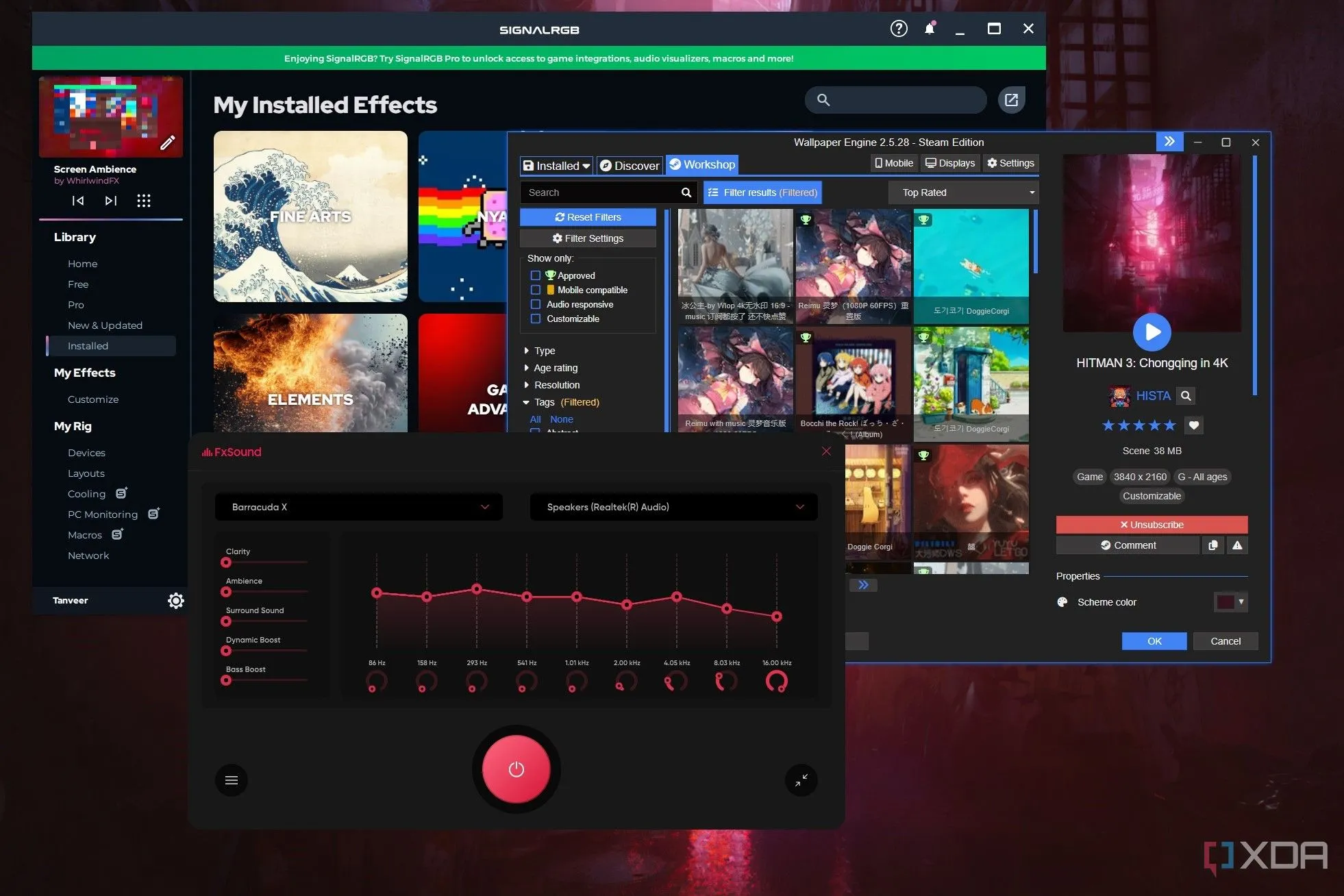 Các cửa sổ ứng dụng SignalRGB, Wallpaper Engine và FxSound trên màn hình Windows, đối lập với thói quen sử dụng công cụ cơ bản của người dùng PC bảo thủ
