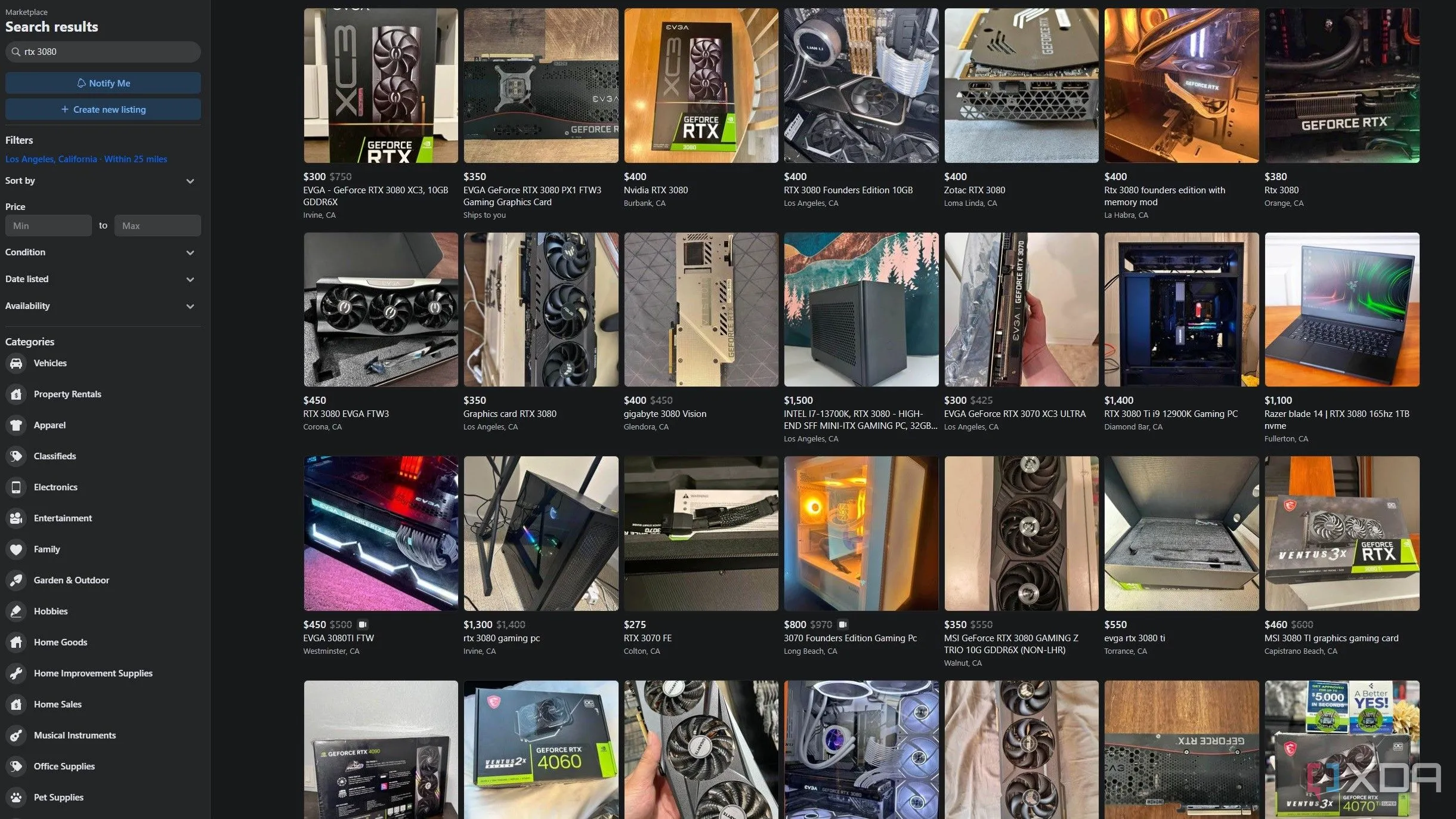 Các danh sách niêm yết card đồ họa RTX 3080 trên Facebook Marketplace, minh họa rủi ro khi mua linh kiện PC cũ không có bảo hành.