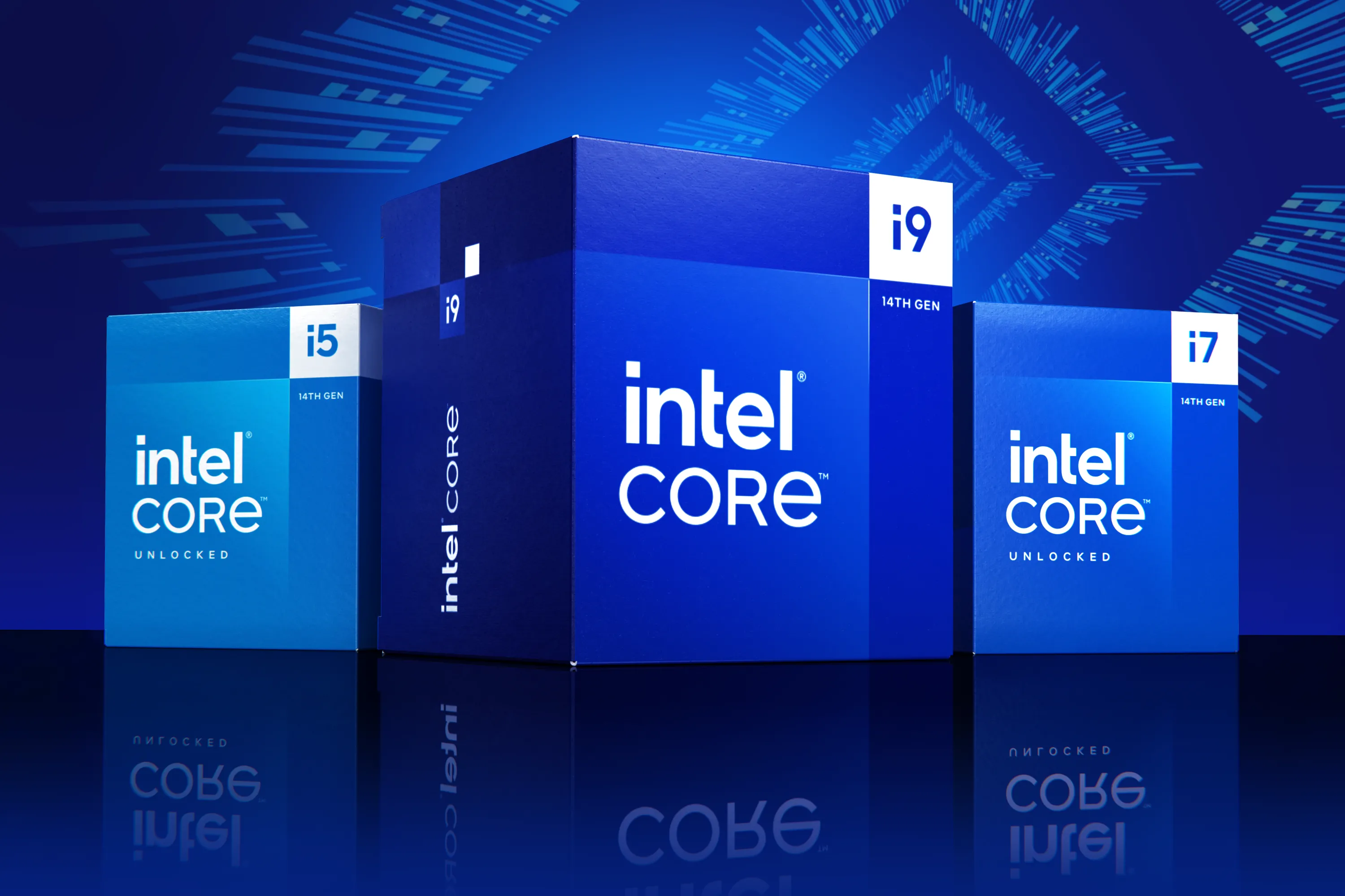 Các hộp sản phẩm CPU Intel Core i5, i7 và i9 thế hệ 14, minh họa dòng chip gặp vấn đề ổn định.